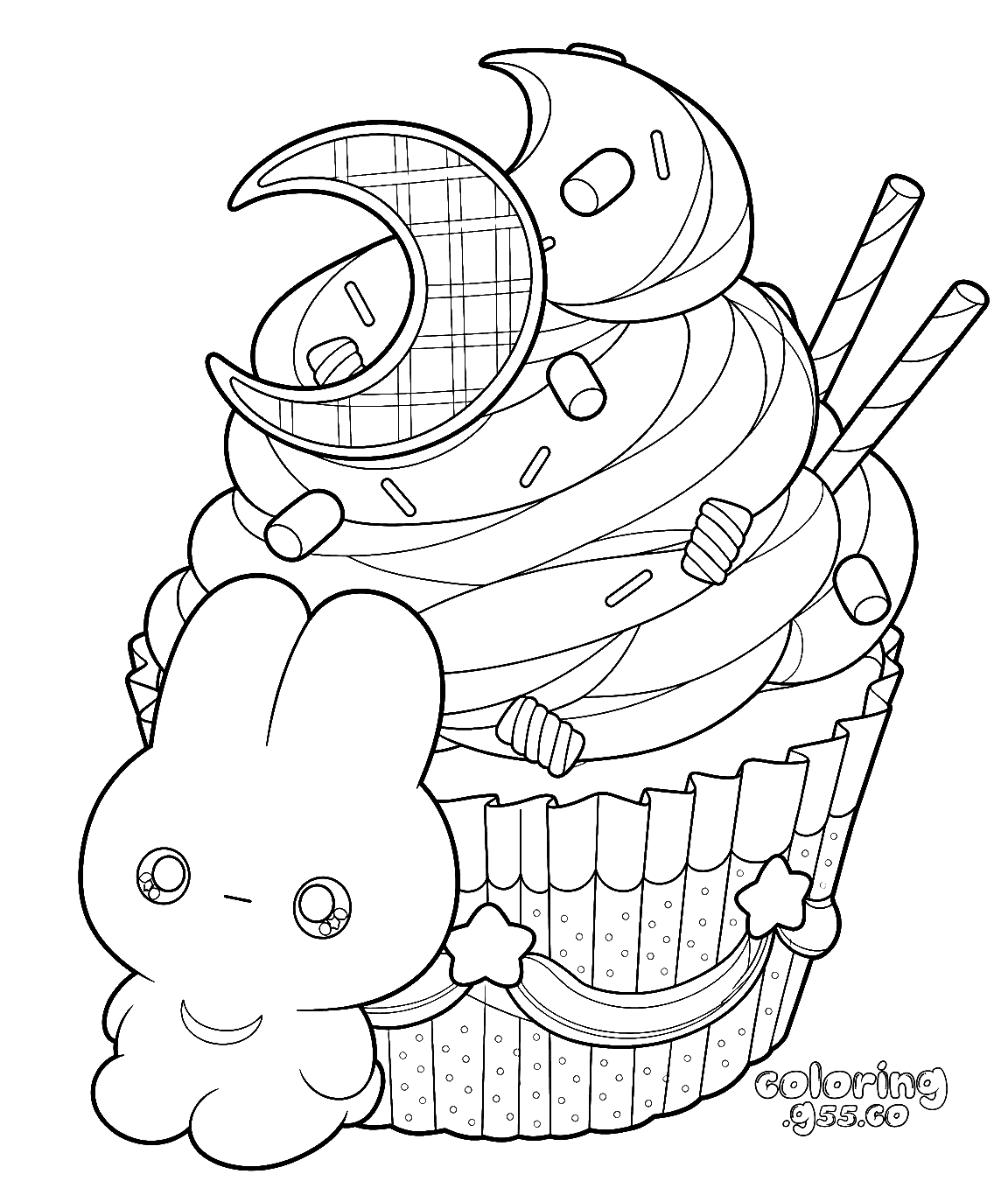 cute bunny moon cupcake line art for kids kawaii dessert animals sheet