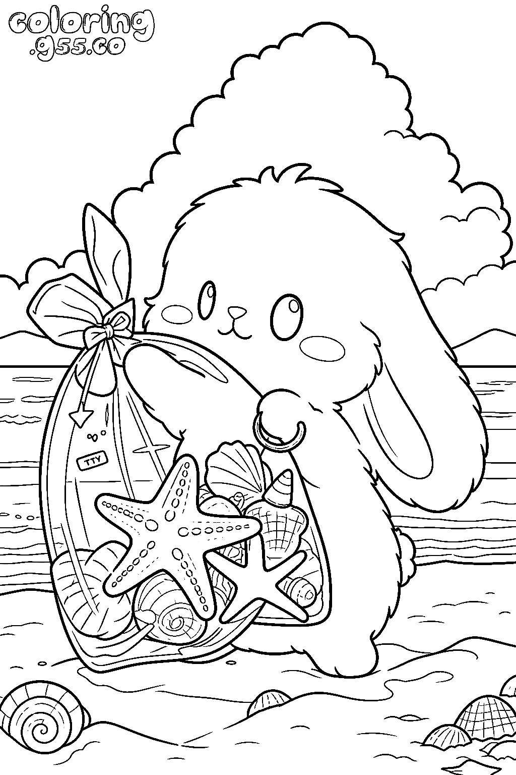 cute bunny on beach seashells line art for kids summer rabbit animals sheet
