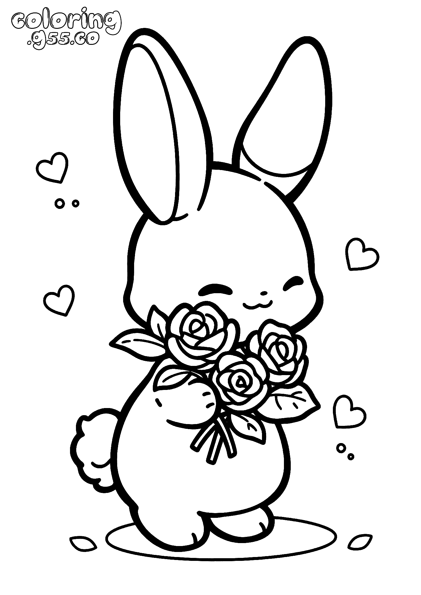 cute bunny with rose bouquet line art for kids sweet animals sheet