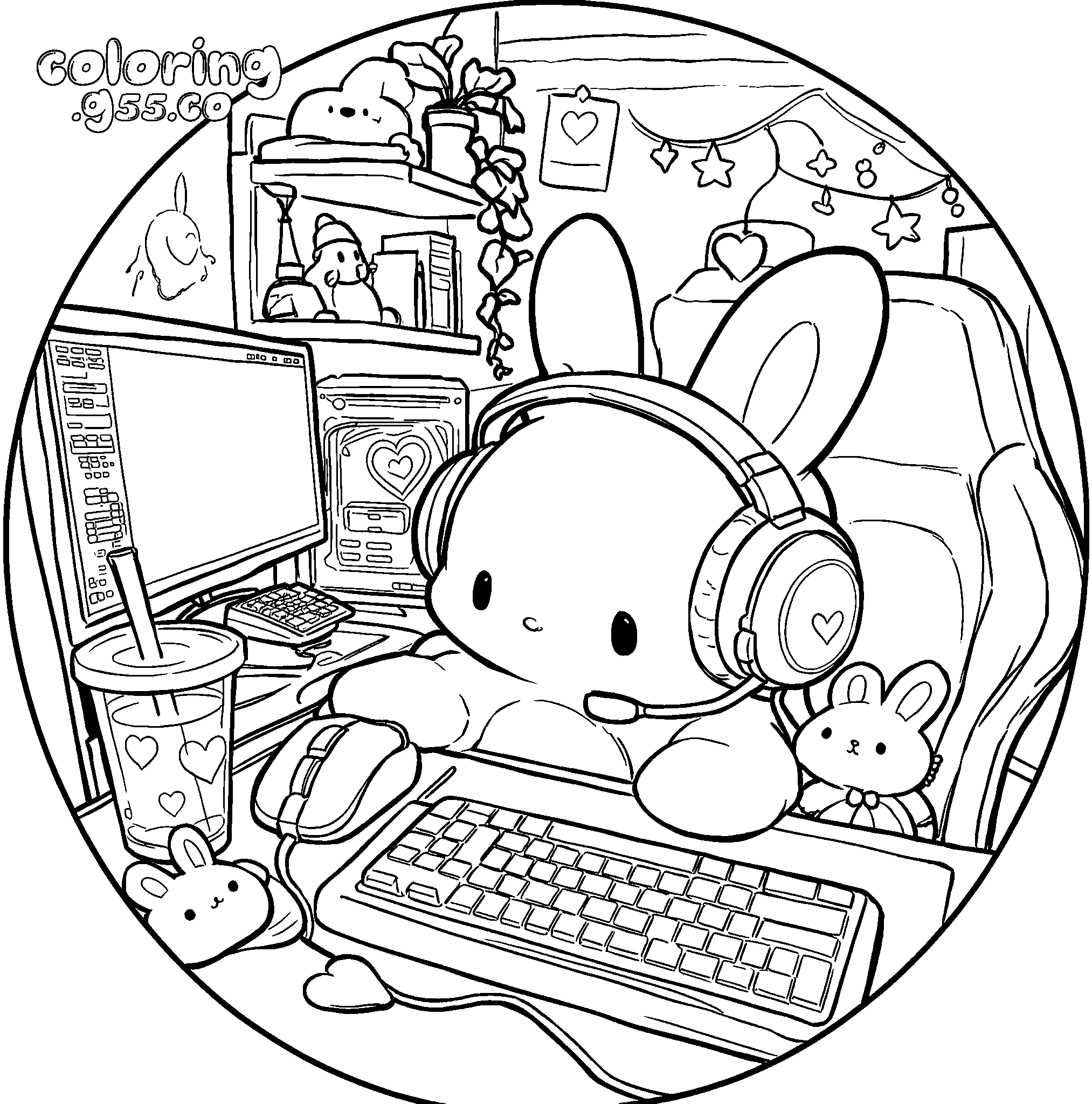 gamer bunny setup line art for kids cute cozy animals sheet