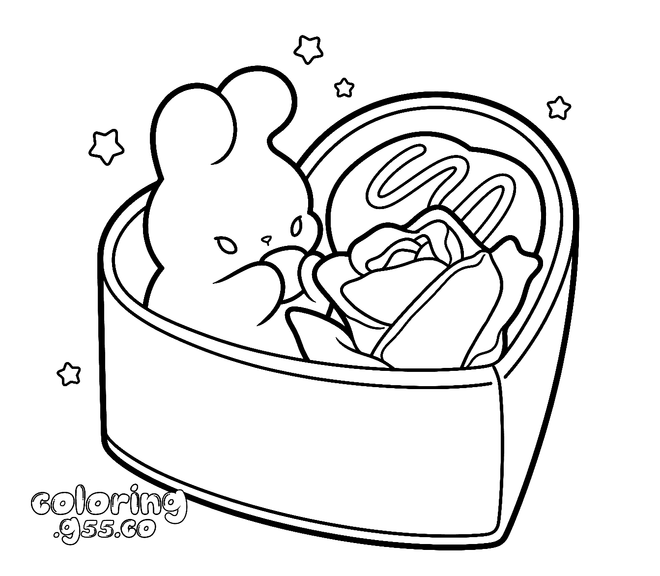 kawaii bunny rose gift box line art for kids