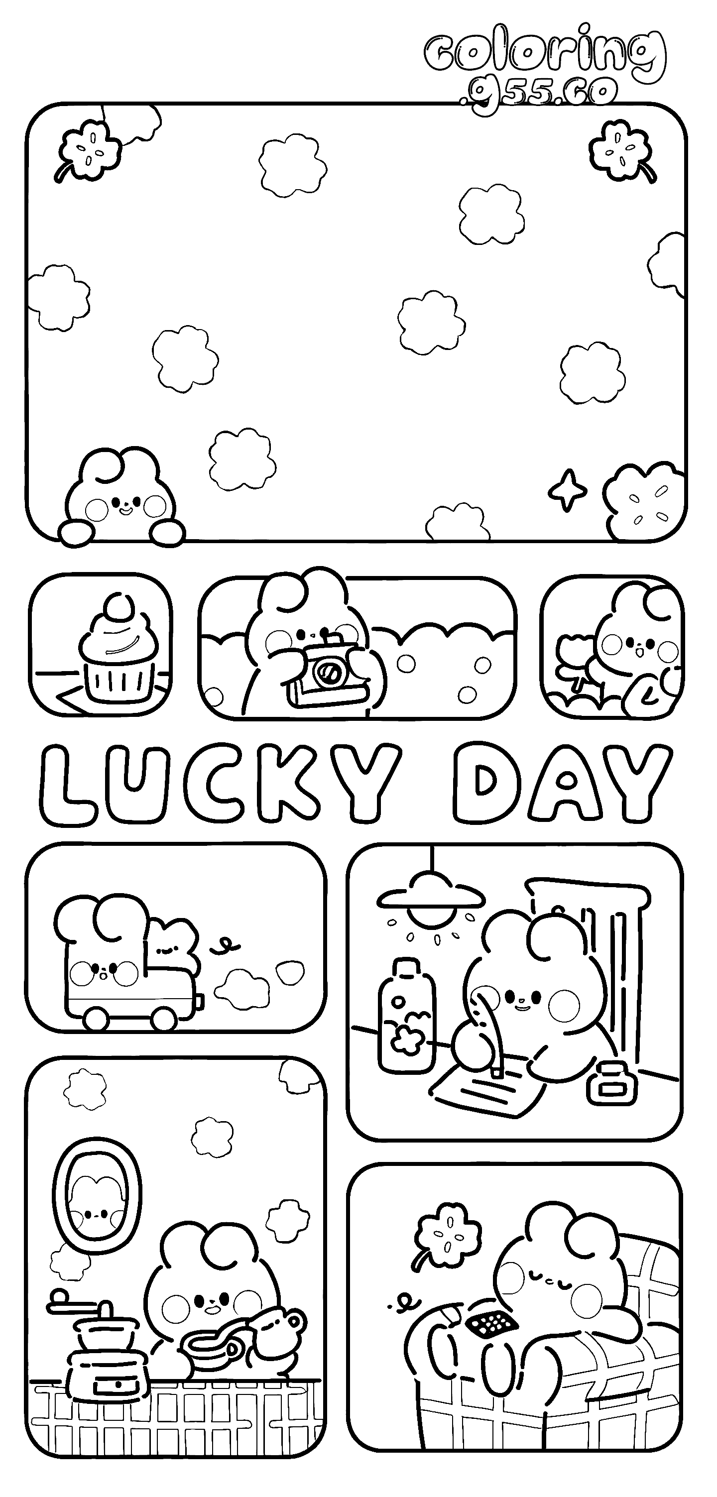 lucky day comic strip line art for kids cute animals sheet