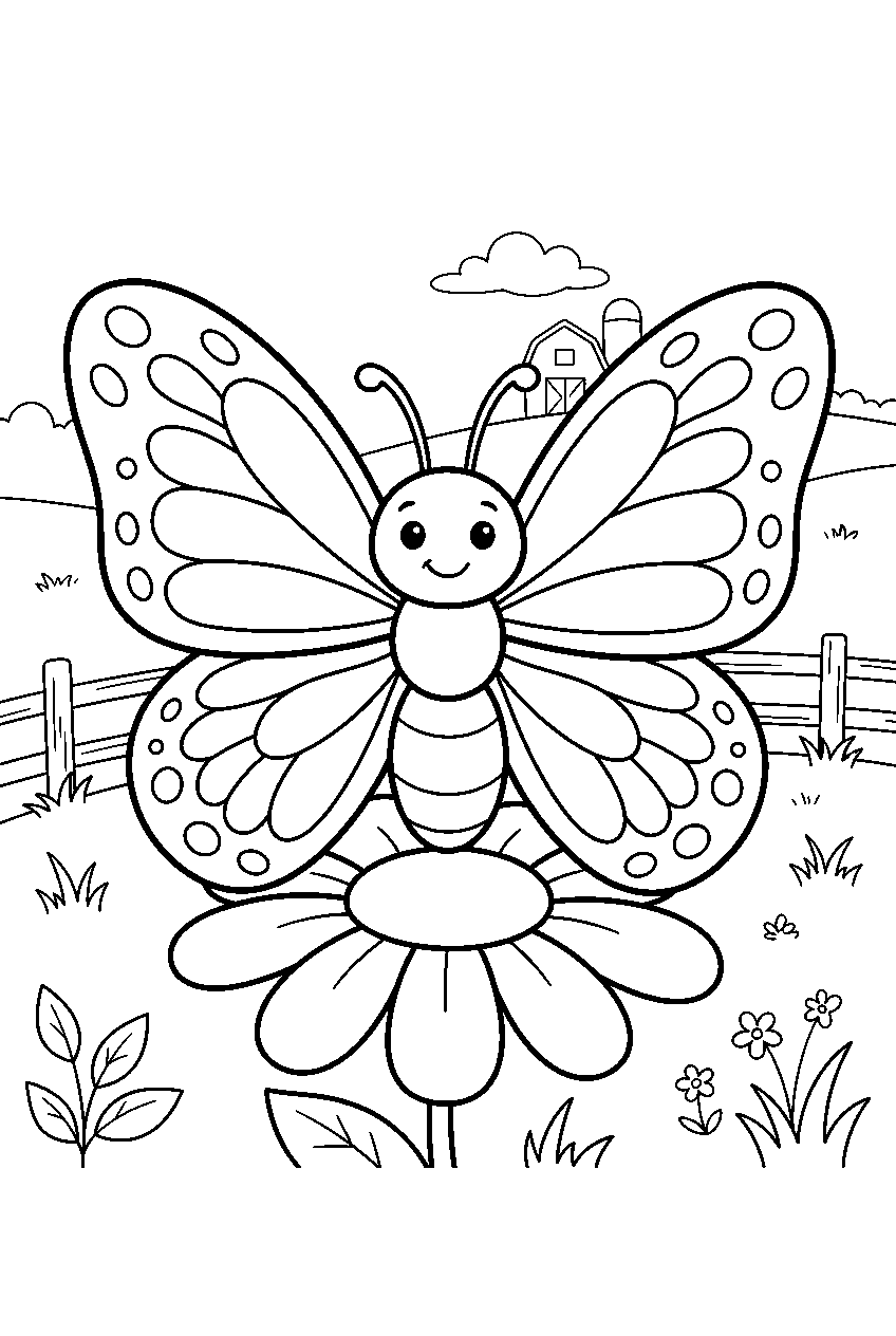 butterfly in farm pasture line art