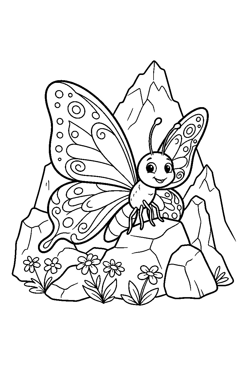 butterfly in rocky mountains line art