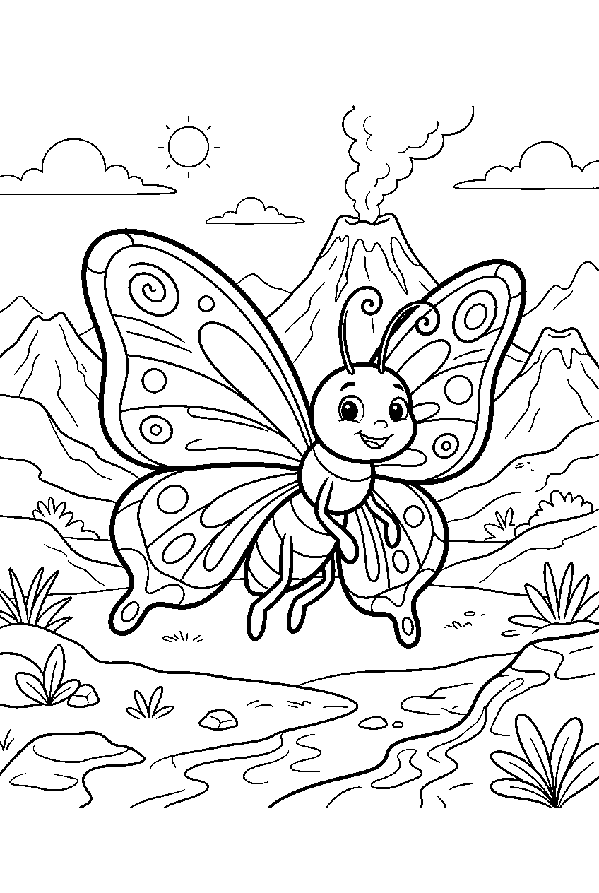 butterfly in volcanic valley line art