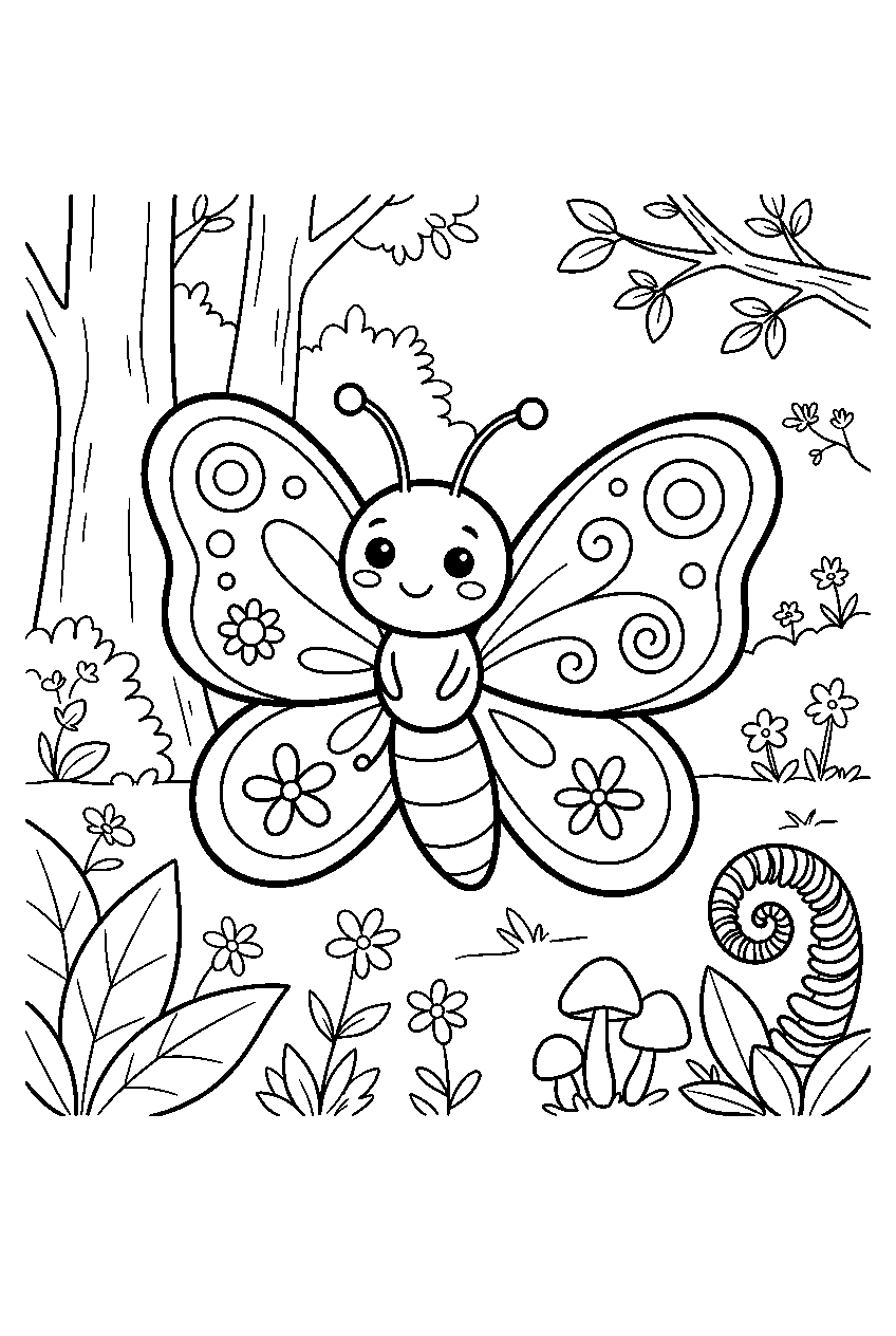 butterfly in woodland forest line art