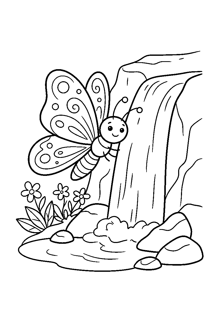 butterfly near waterfall line art