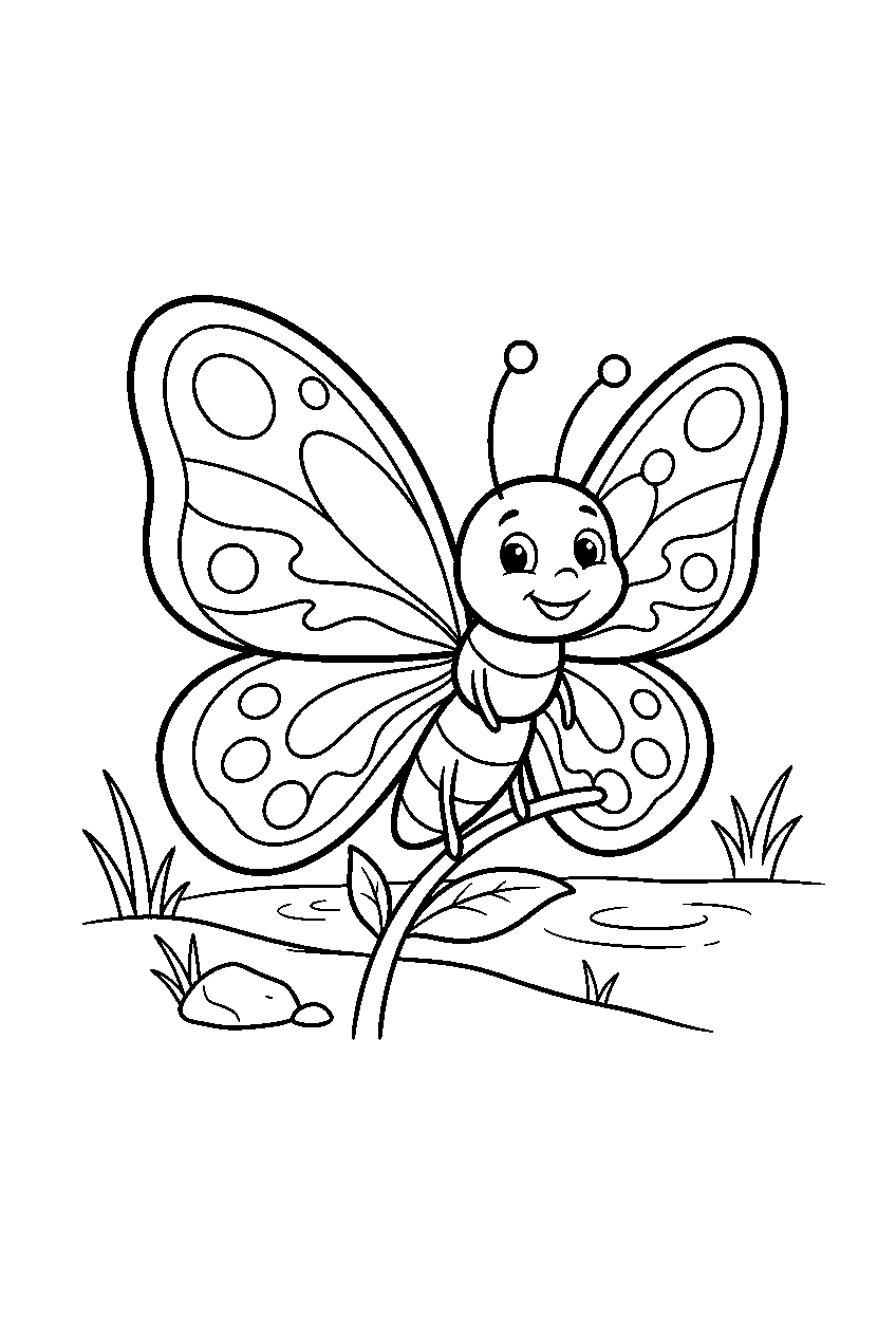 butterfly on riverbank line art