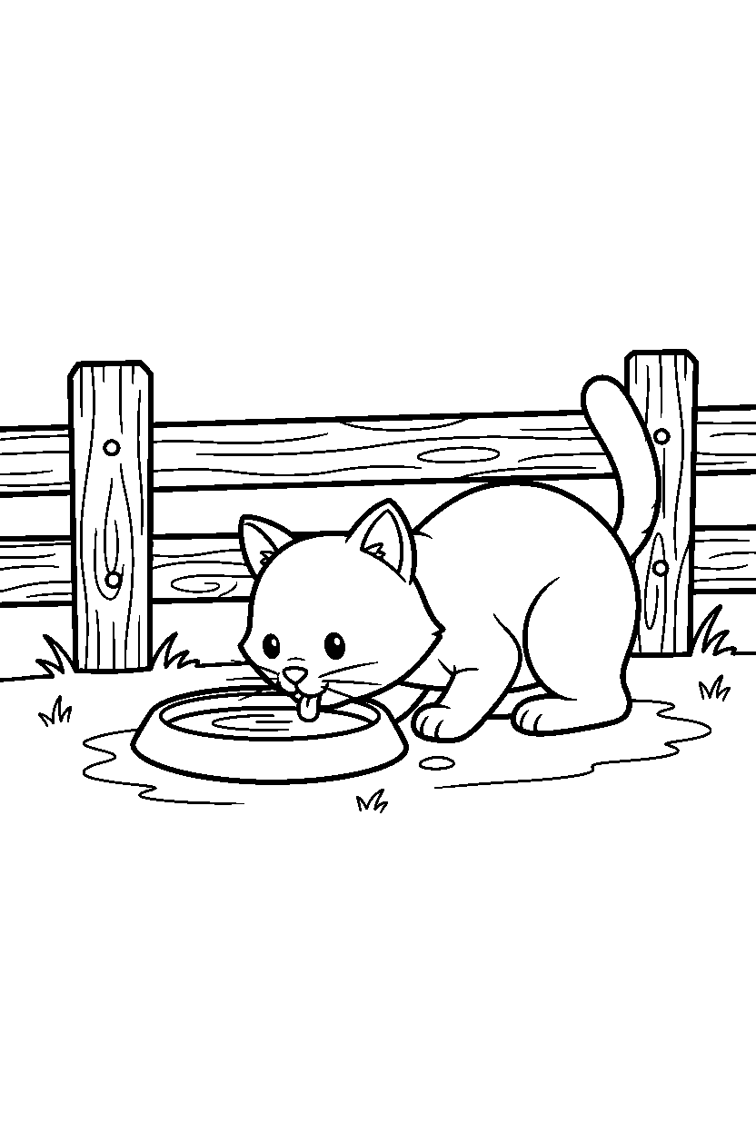 cat drinking water near a wooden fence line art