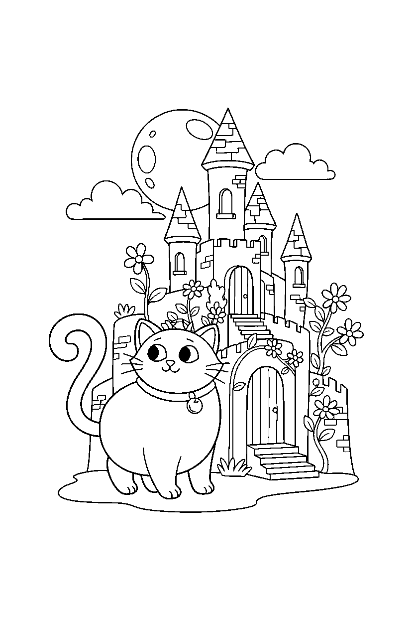 cat exploring in castle line art