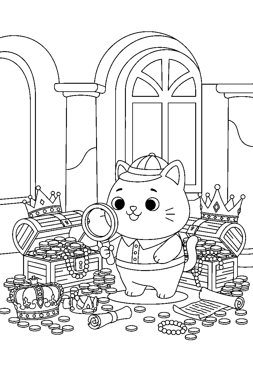 cat exploring in treasure room line art