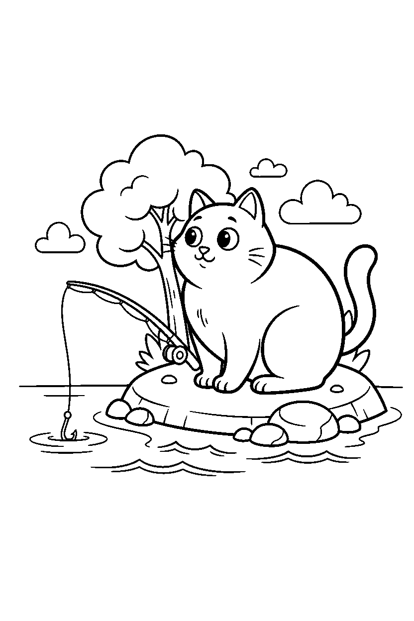 cat looking around at fishing spot line art