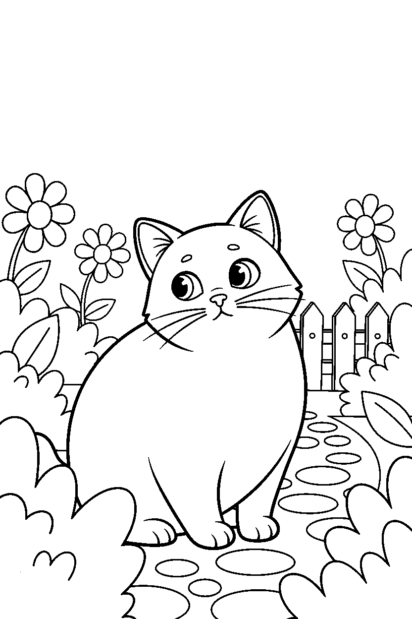 cat looking around in a garden line art