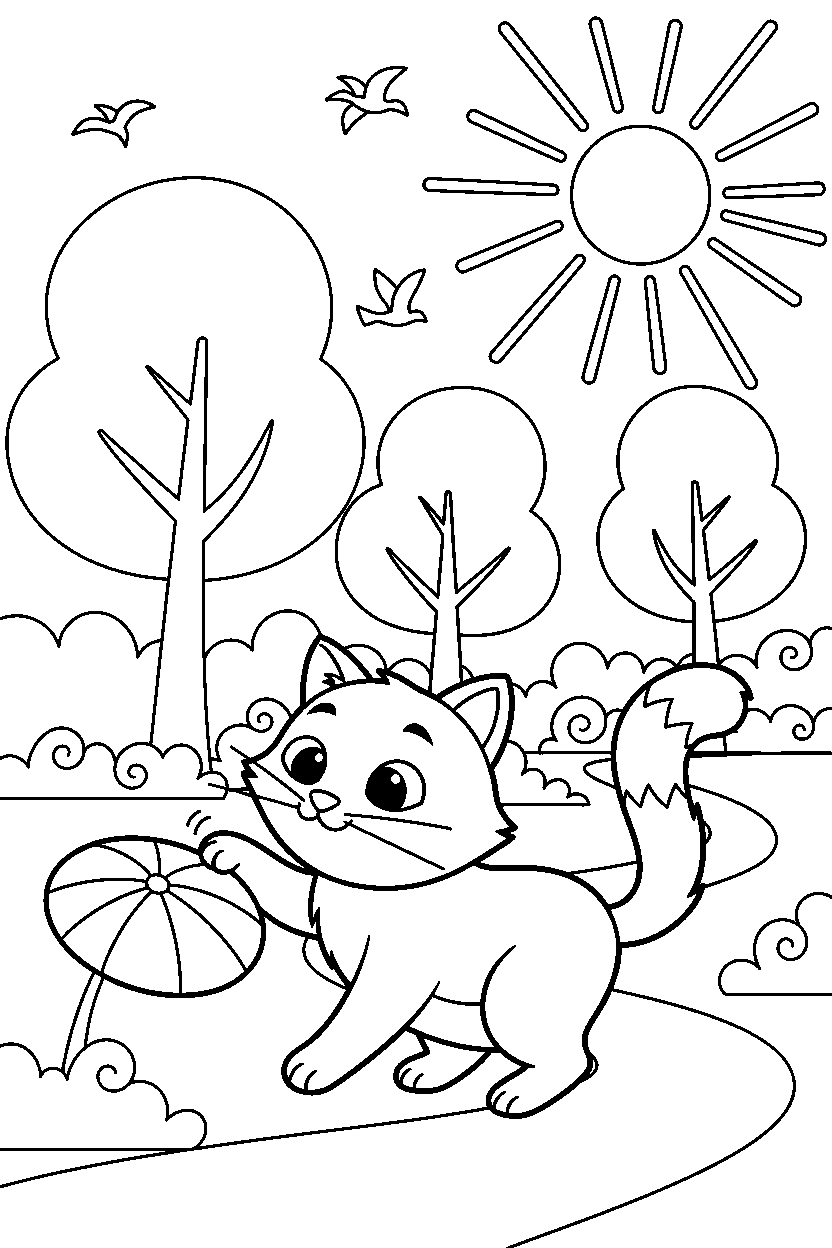 cat playing gently in a nature reserve line art
