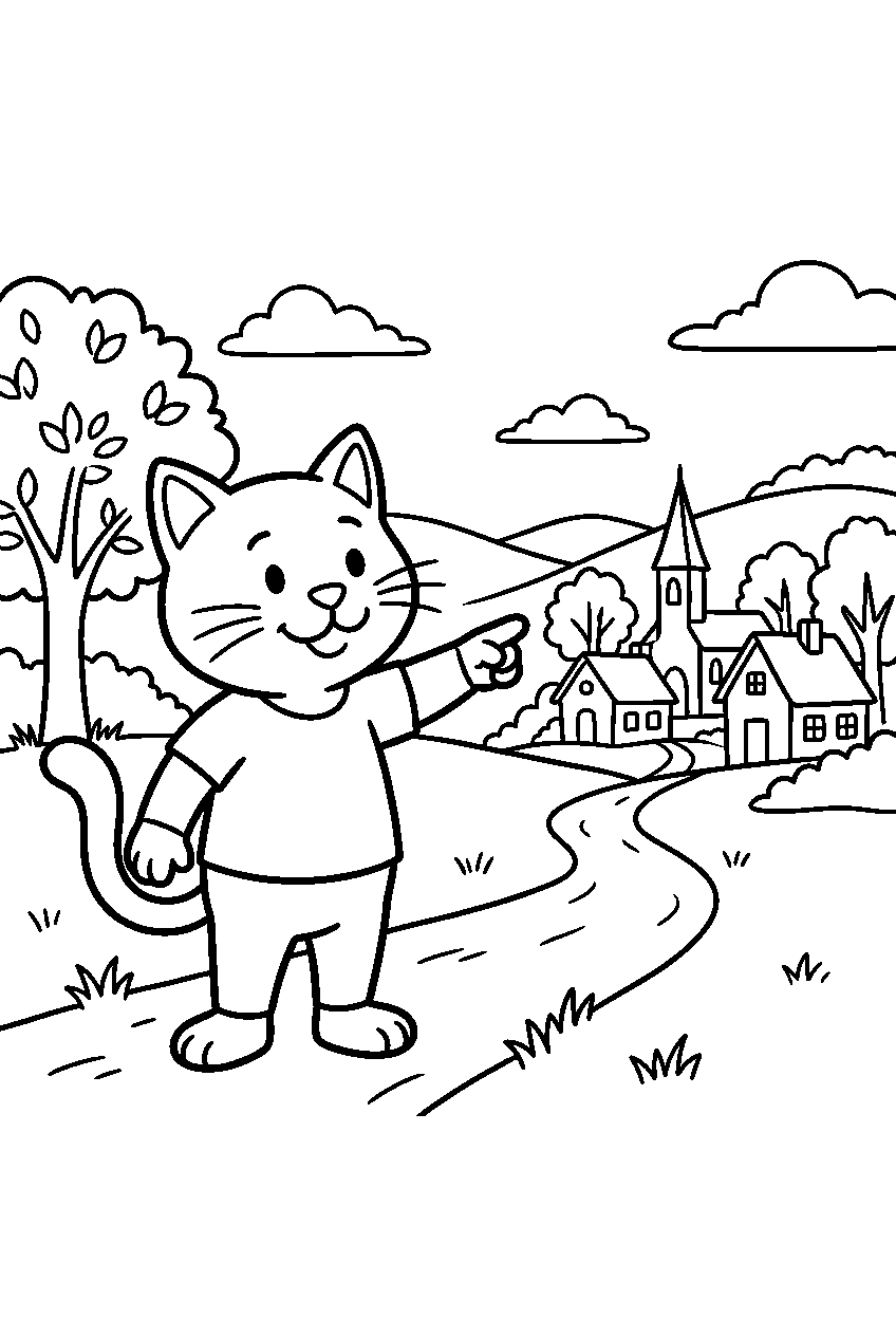 cat pointing in countryside village line art