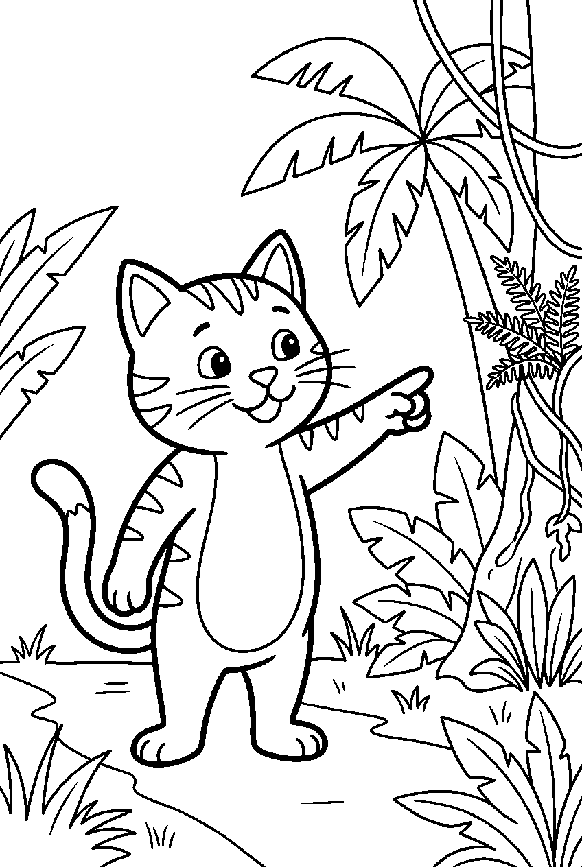 cat pointing in tropical forest line art
