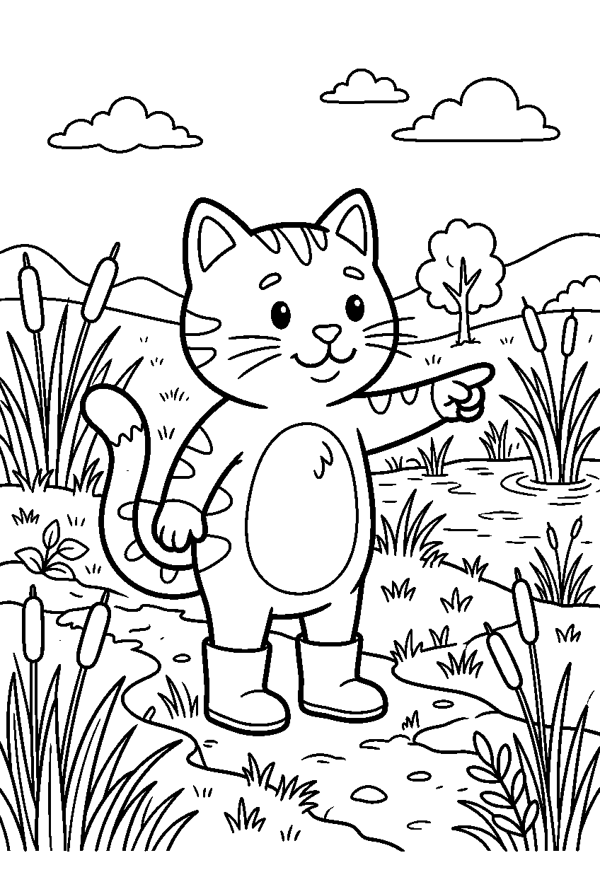 cat pointing in wetland line art