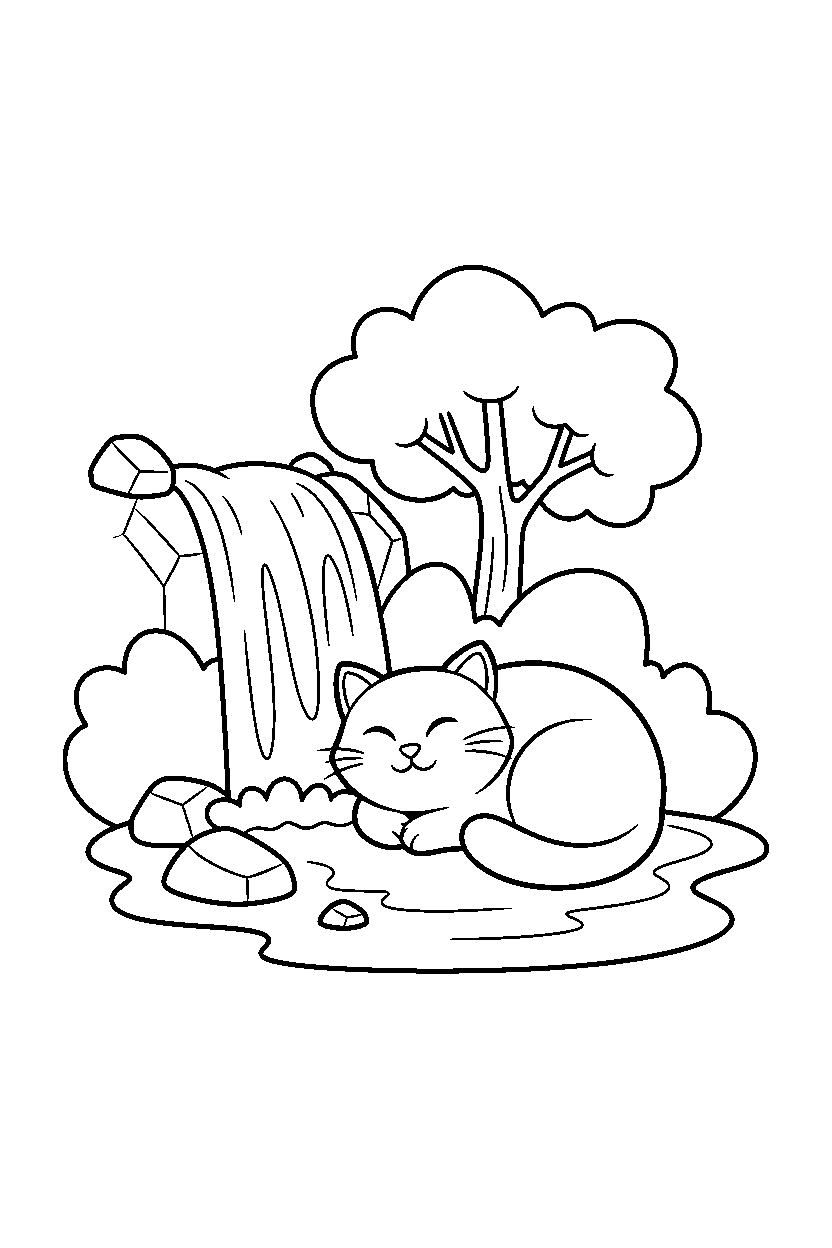 cat resting by waterfall line art