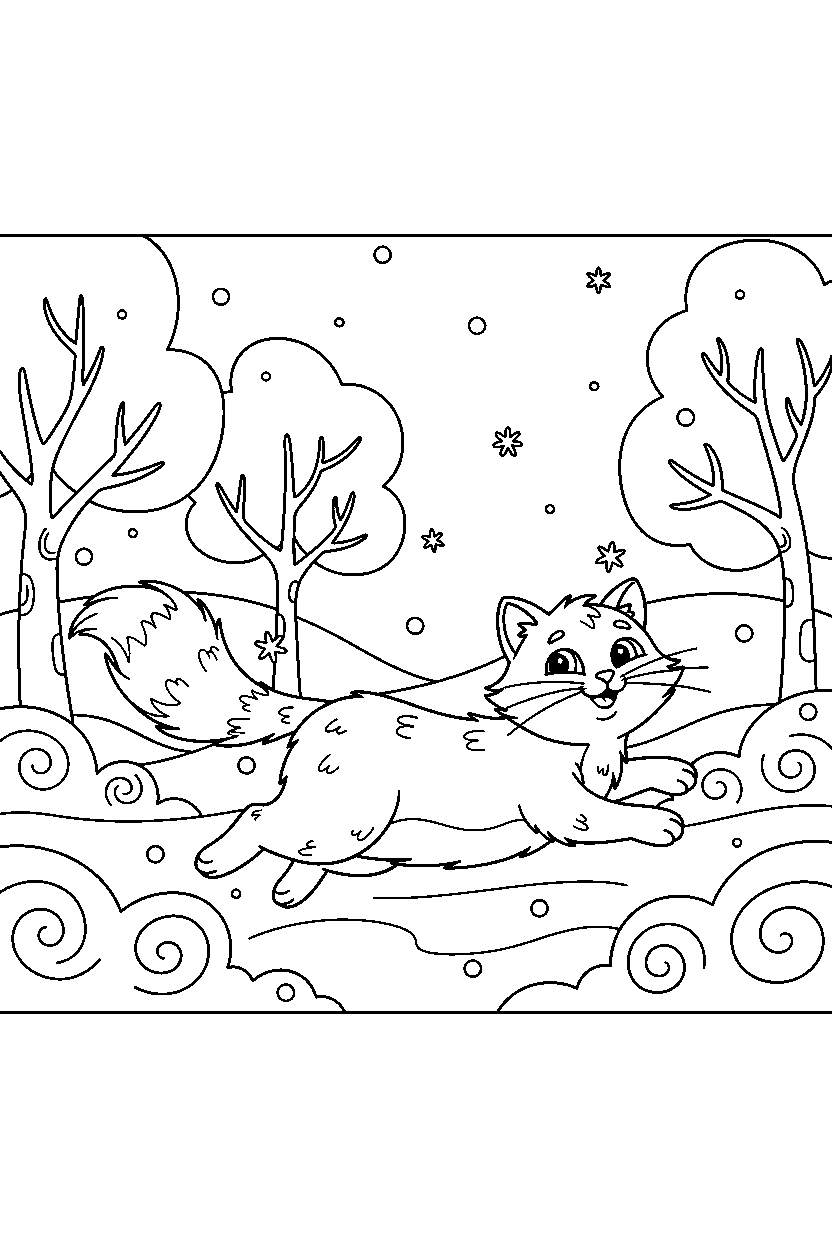 cat running in a winter forest line art