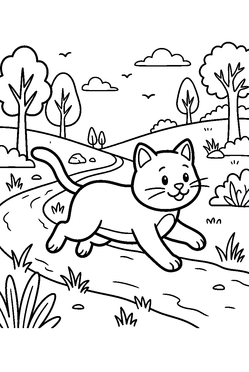 cat running in nature reserve line art