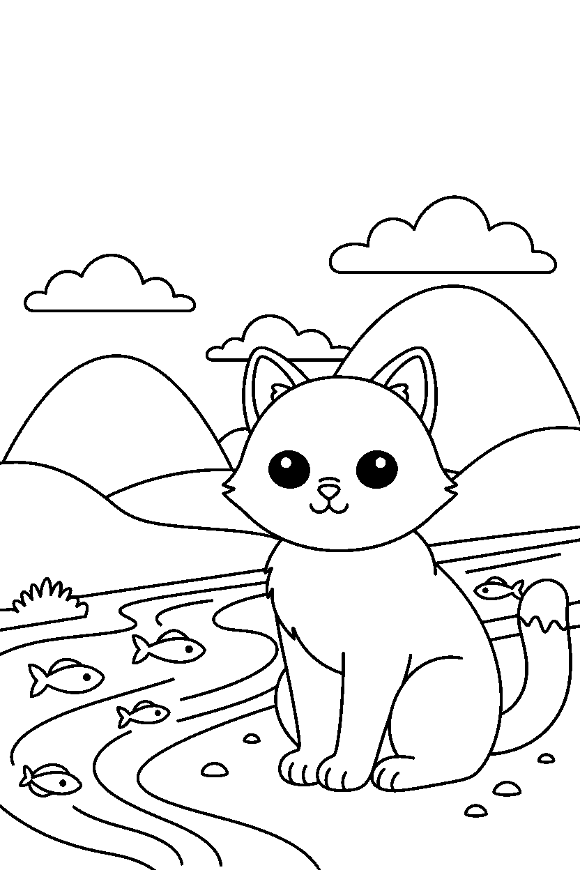 cat sitting by river line art