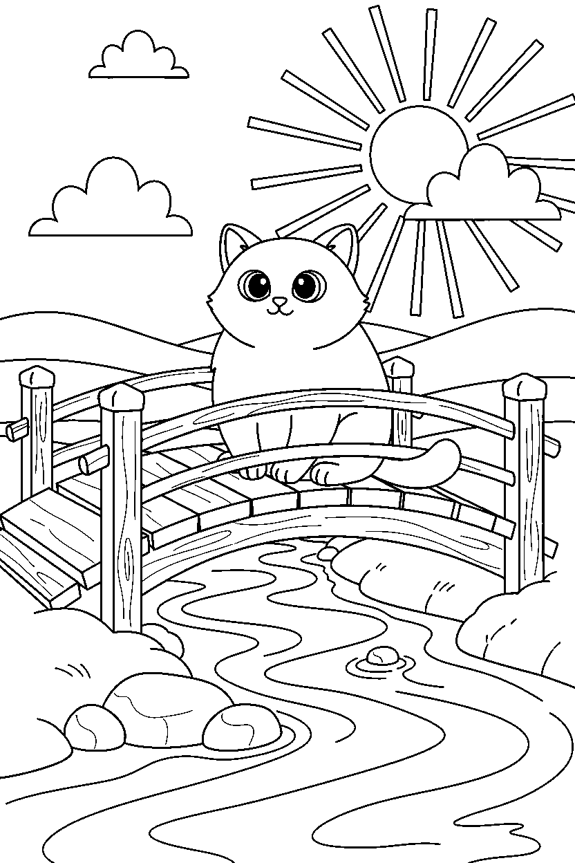 cat sitting on wooden bridge line art