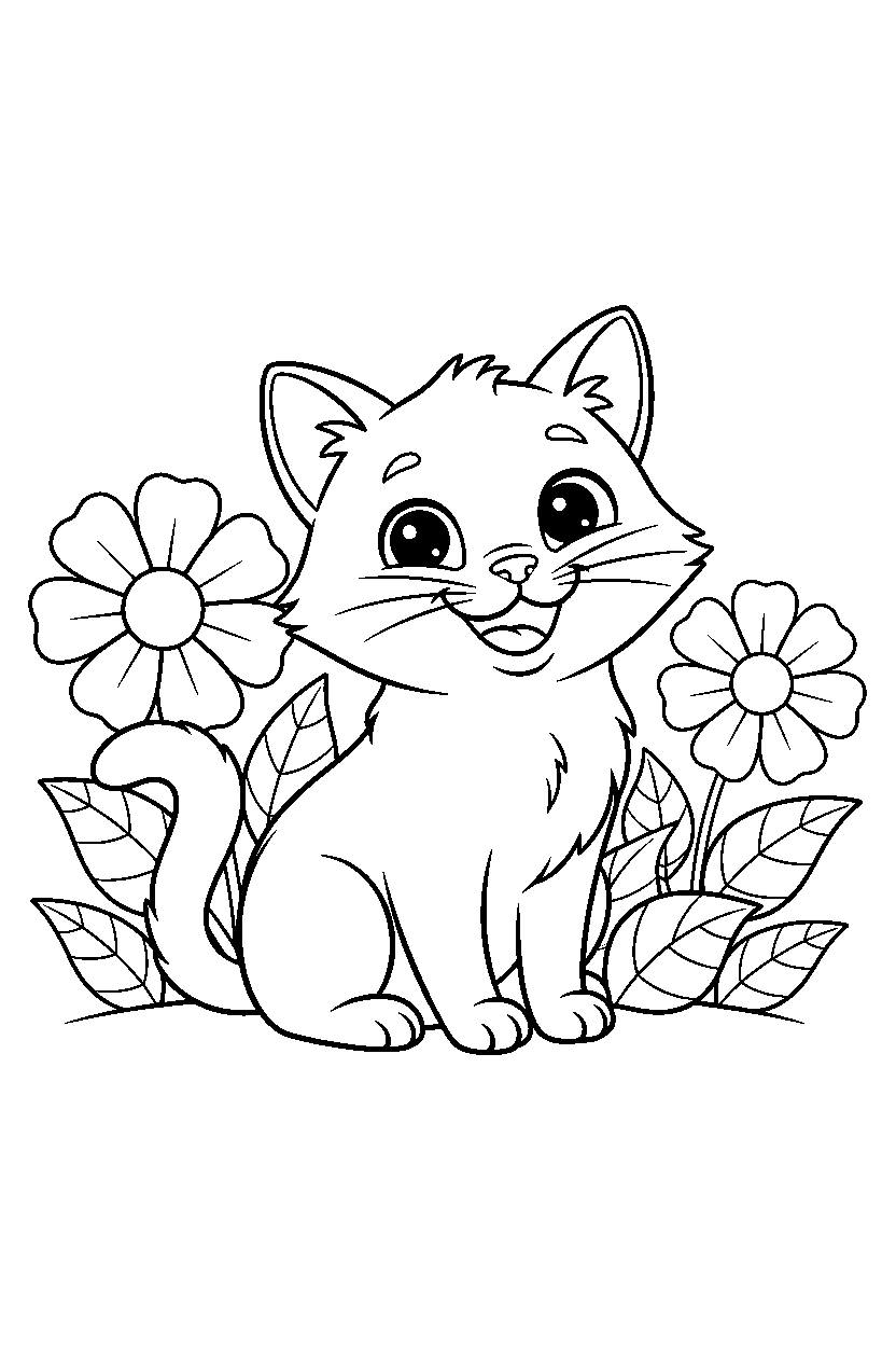 cat smiling in flower field line art
