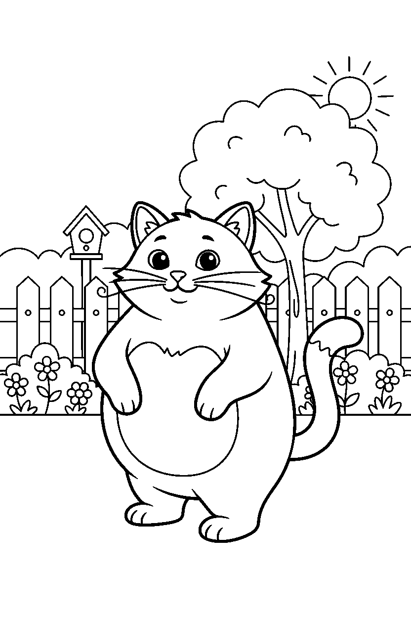 cat standing in a backyard line art