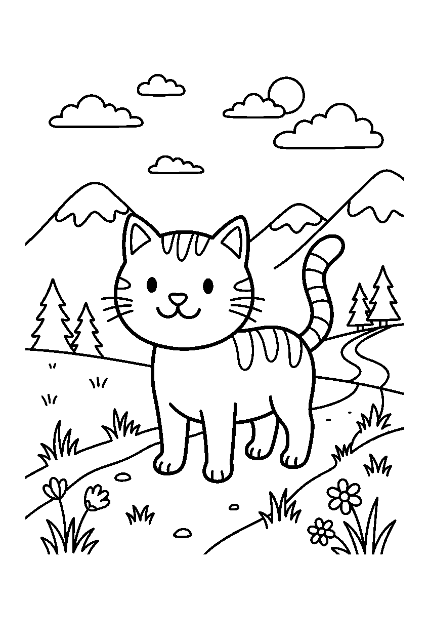 cat standing in mountain meadow line art