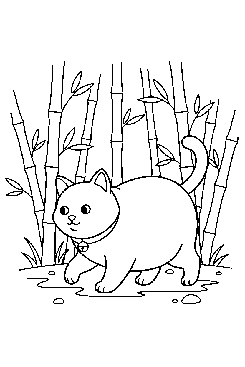 cat walking slowly in a bamboo forest line art