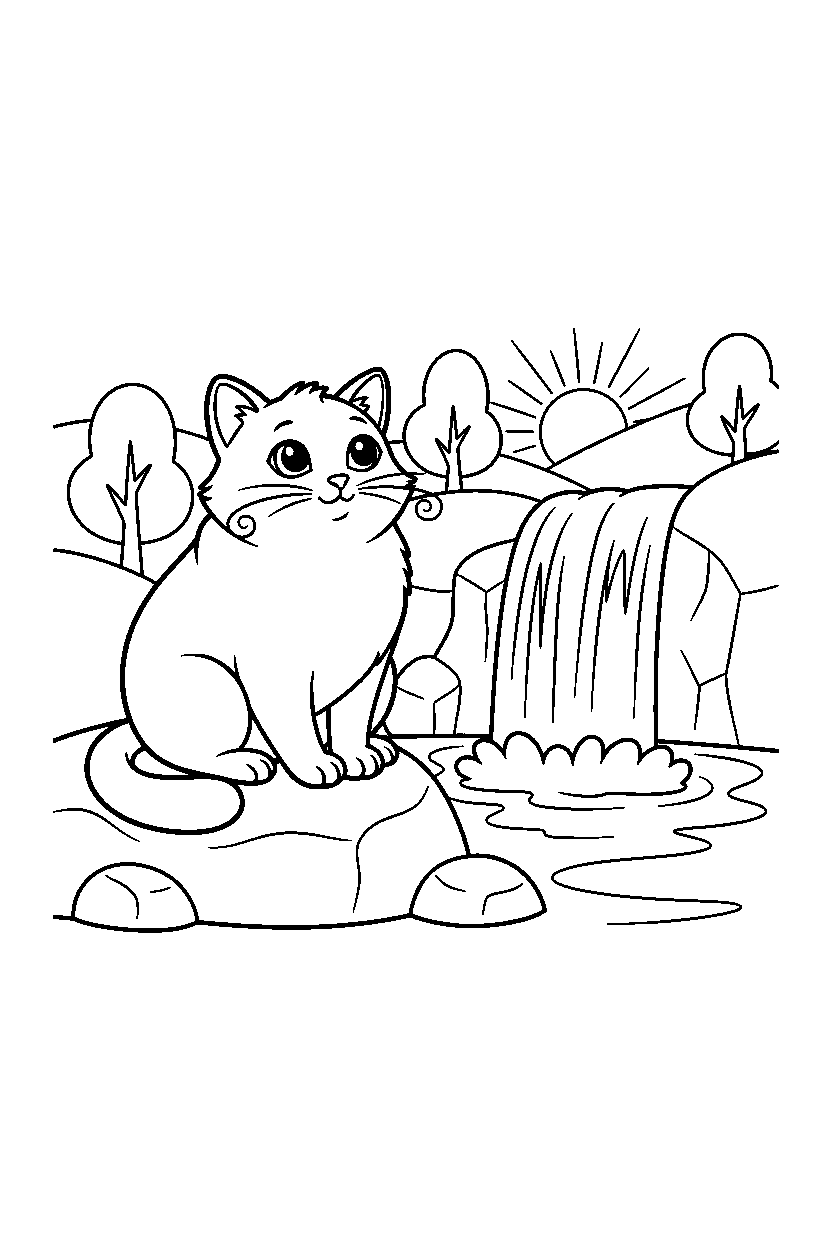cat watching by waterfall line art