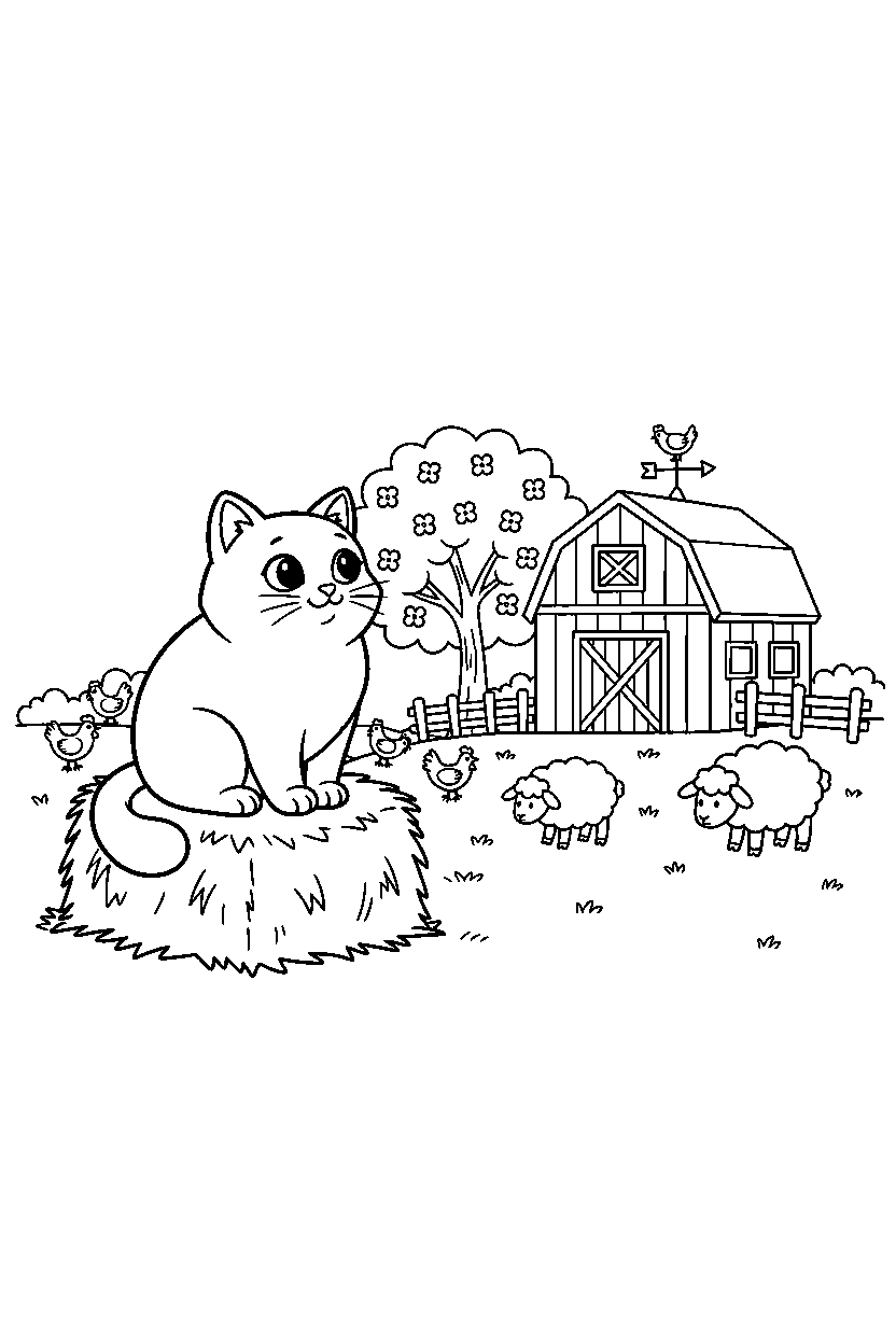 cat watching in farm line art
