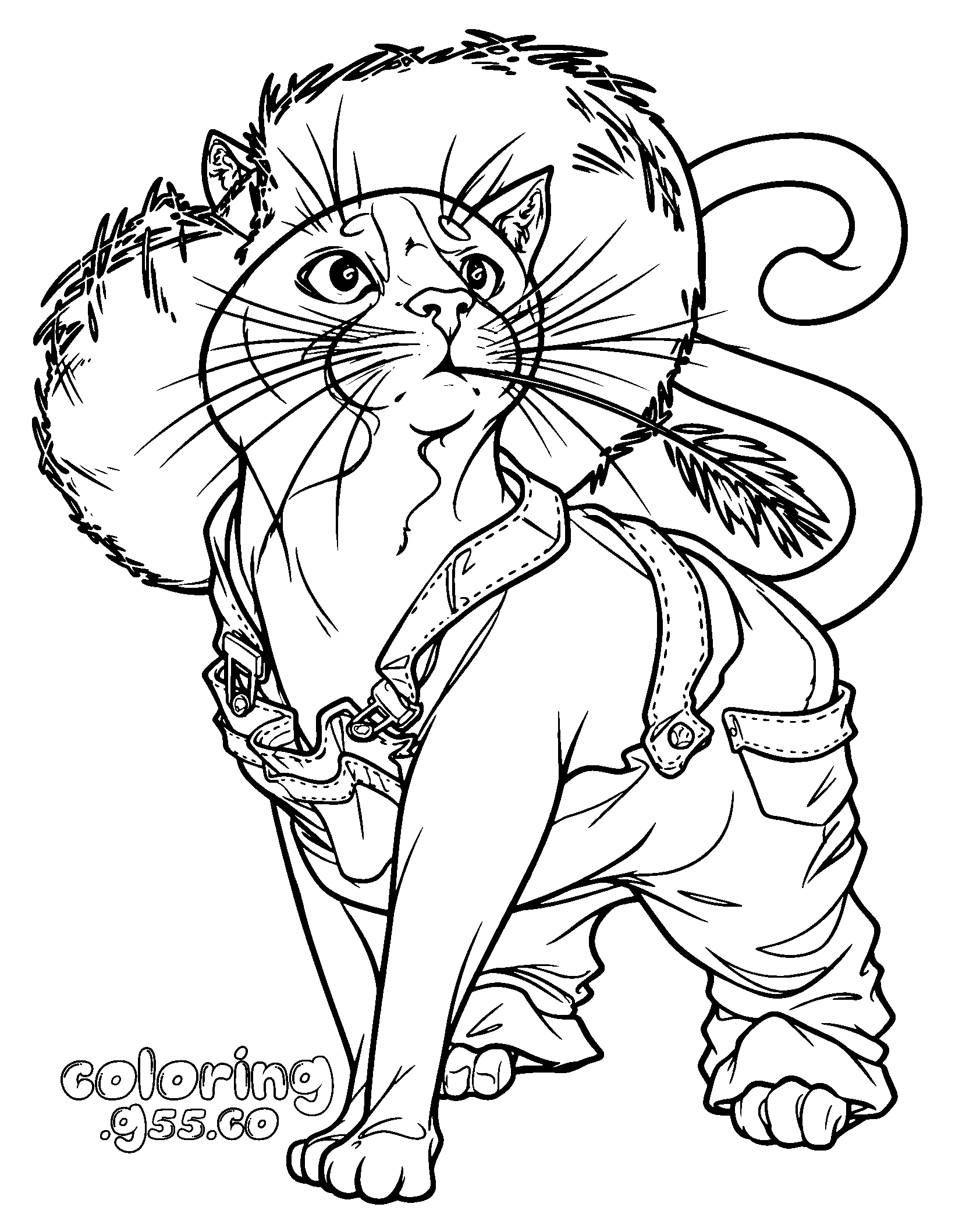 cute cat in overalls and straw hat line art