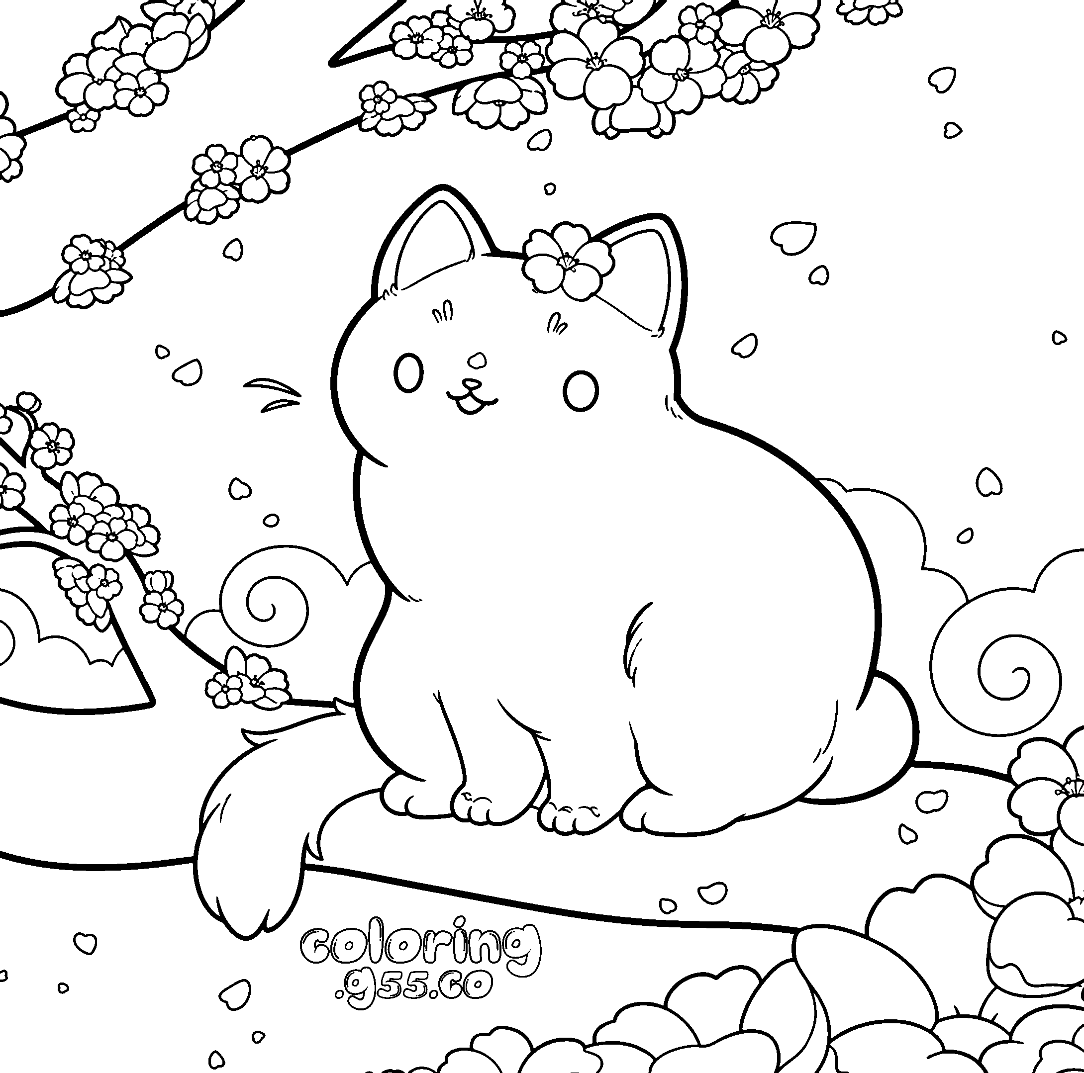 cute kawaii cat in sakura branch line art