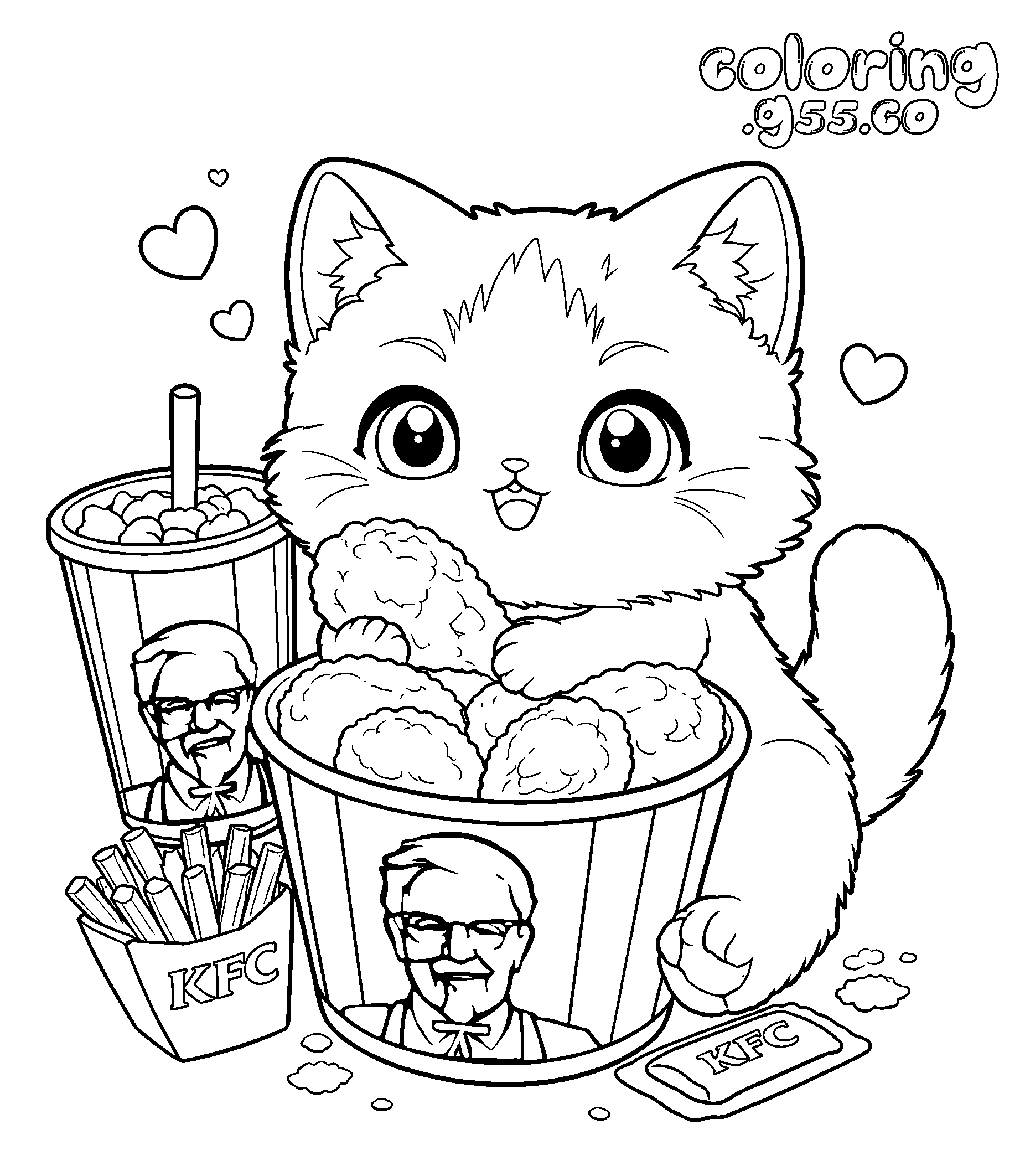 cute kawaii cat with kfc fried chicken line art
