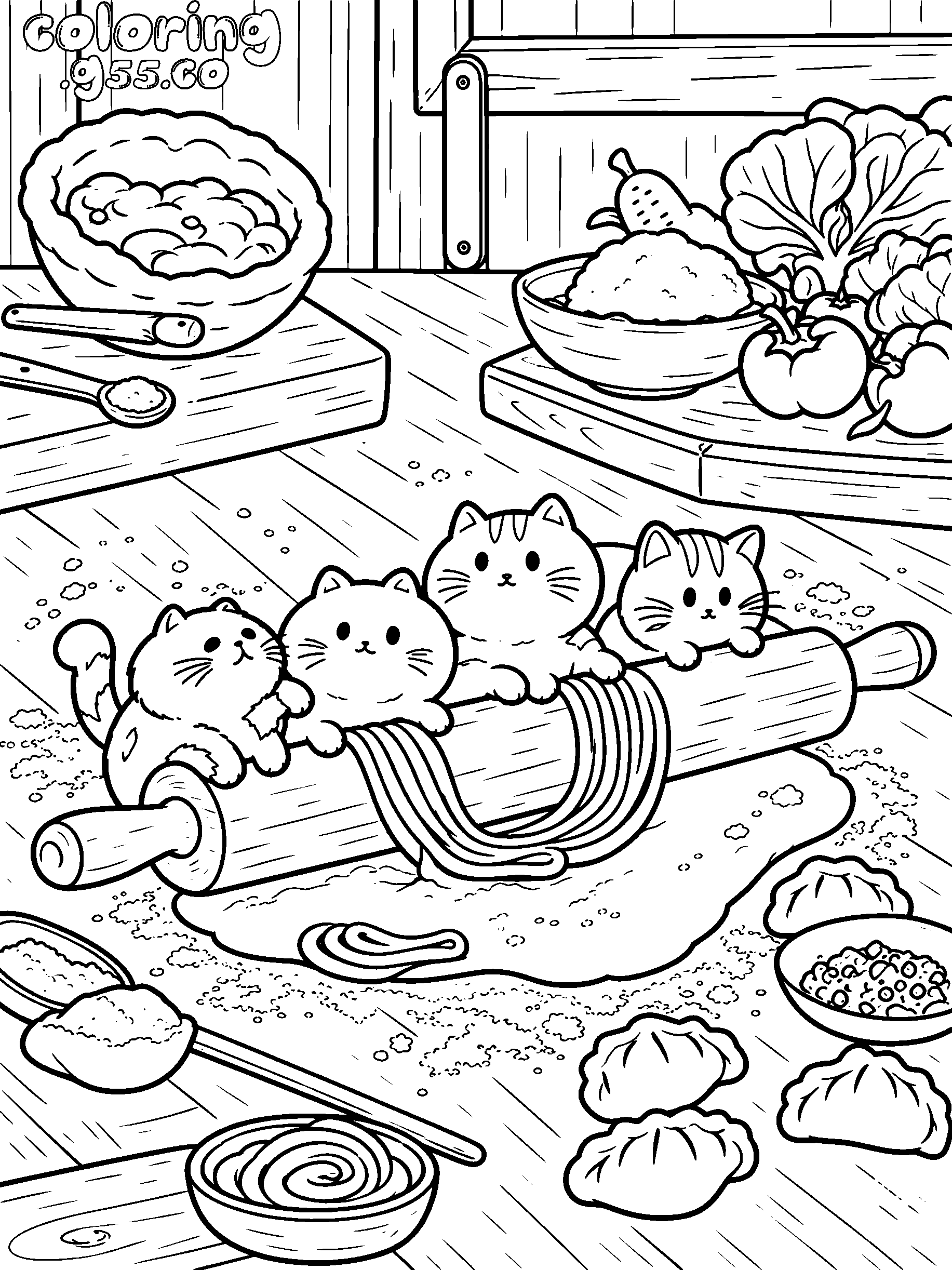 cute little cats baking noodle kitchen line art