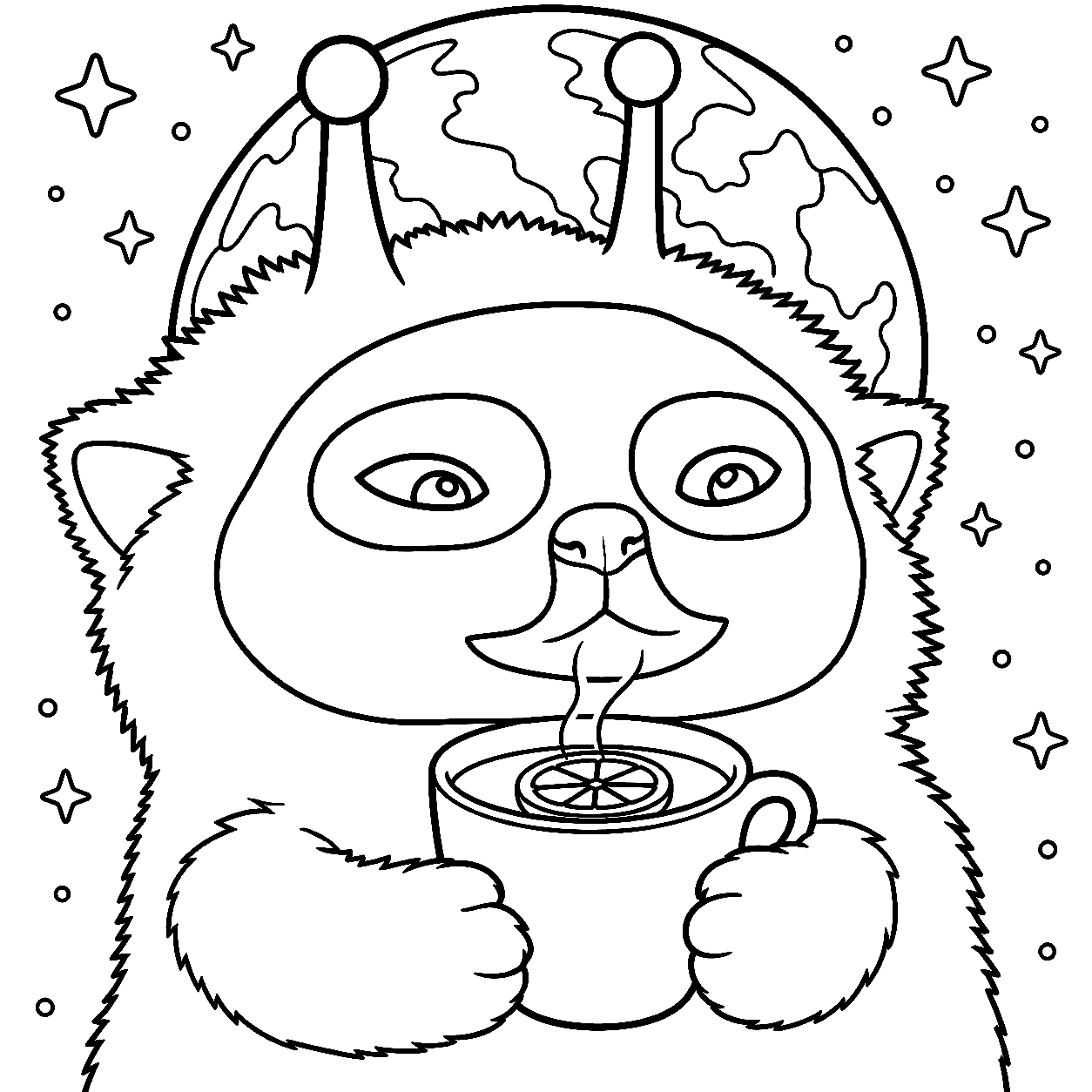 alien cat drinking tea line art for kids cute space animals sheet