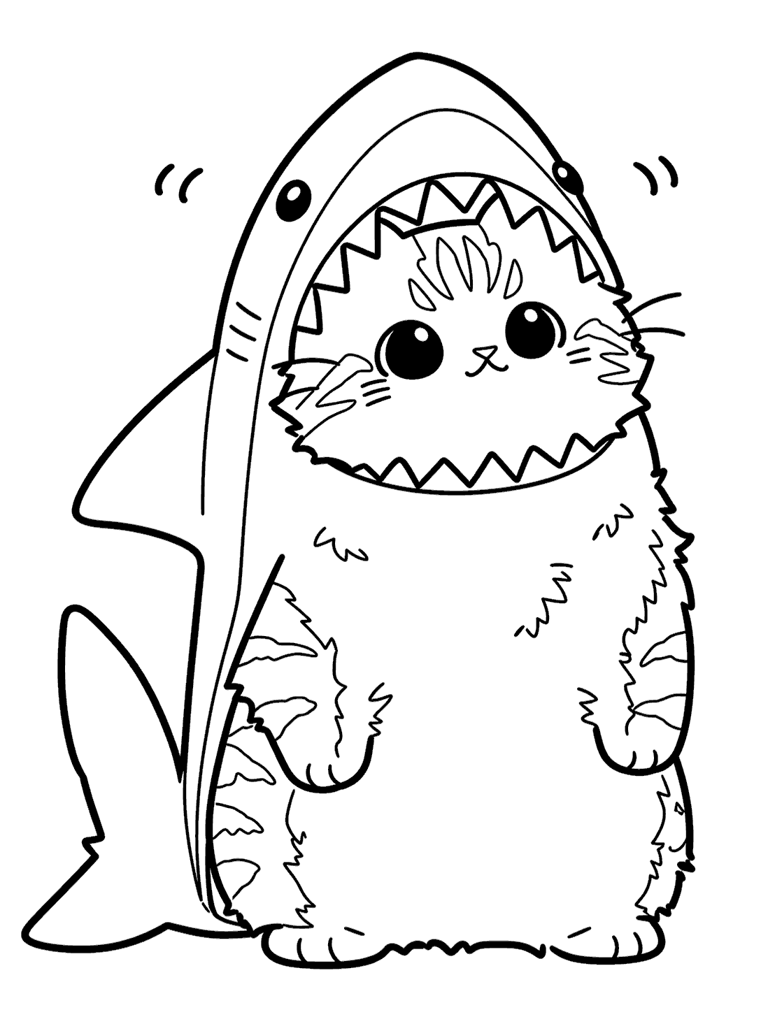 cat in shark costume line art for kids cute ocean animals sheet