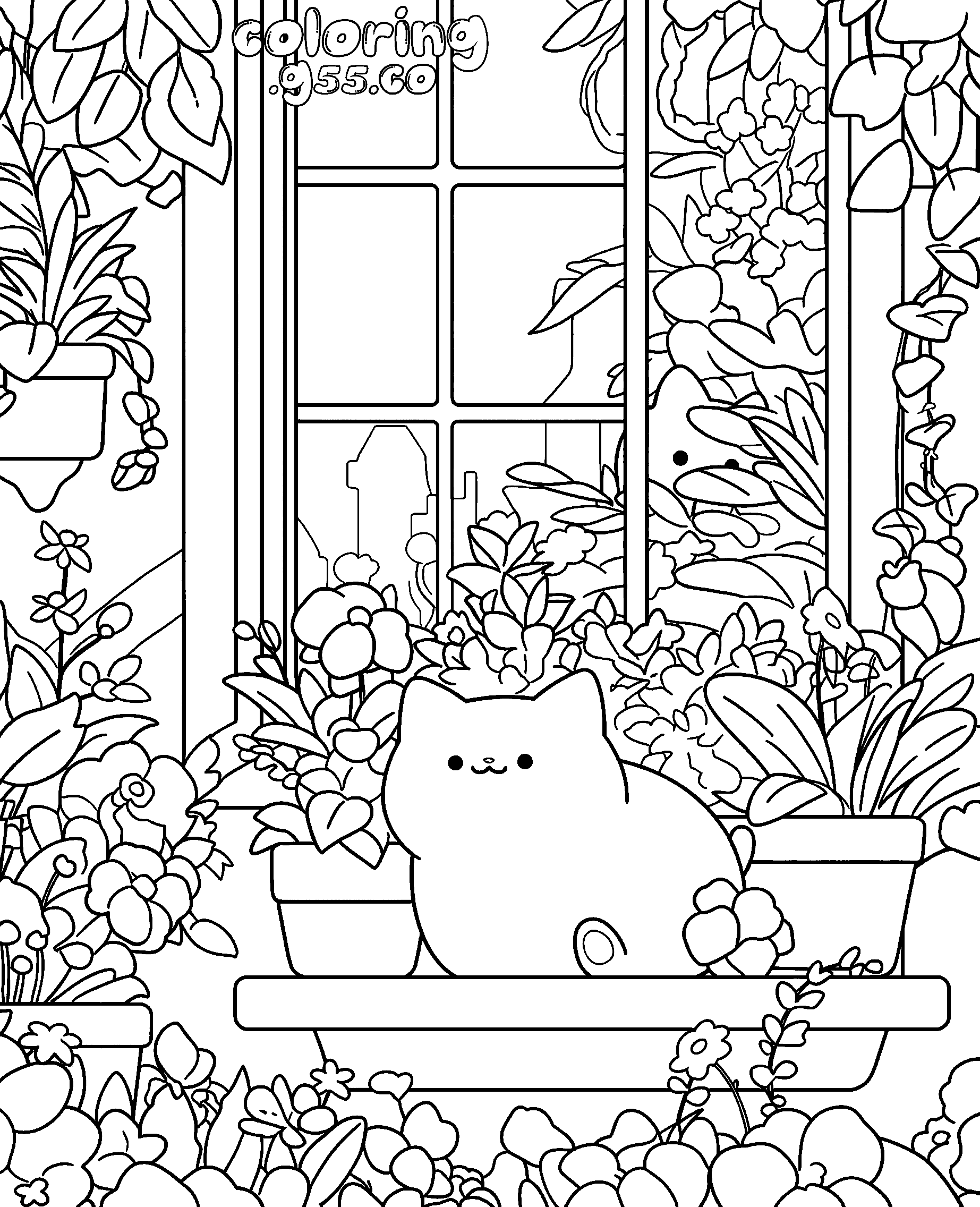 cozy cat on window sill line art for kids aesthetic plants animals sheet