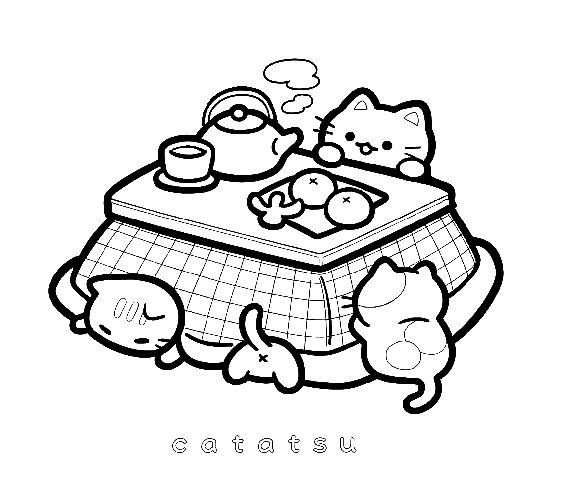 cozy japanese catatsu line art for kids cute cats tea animals sheet