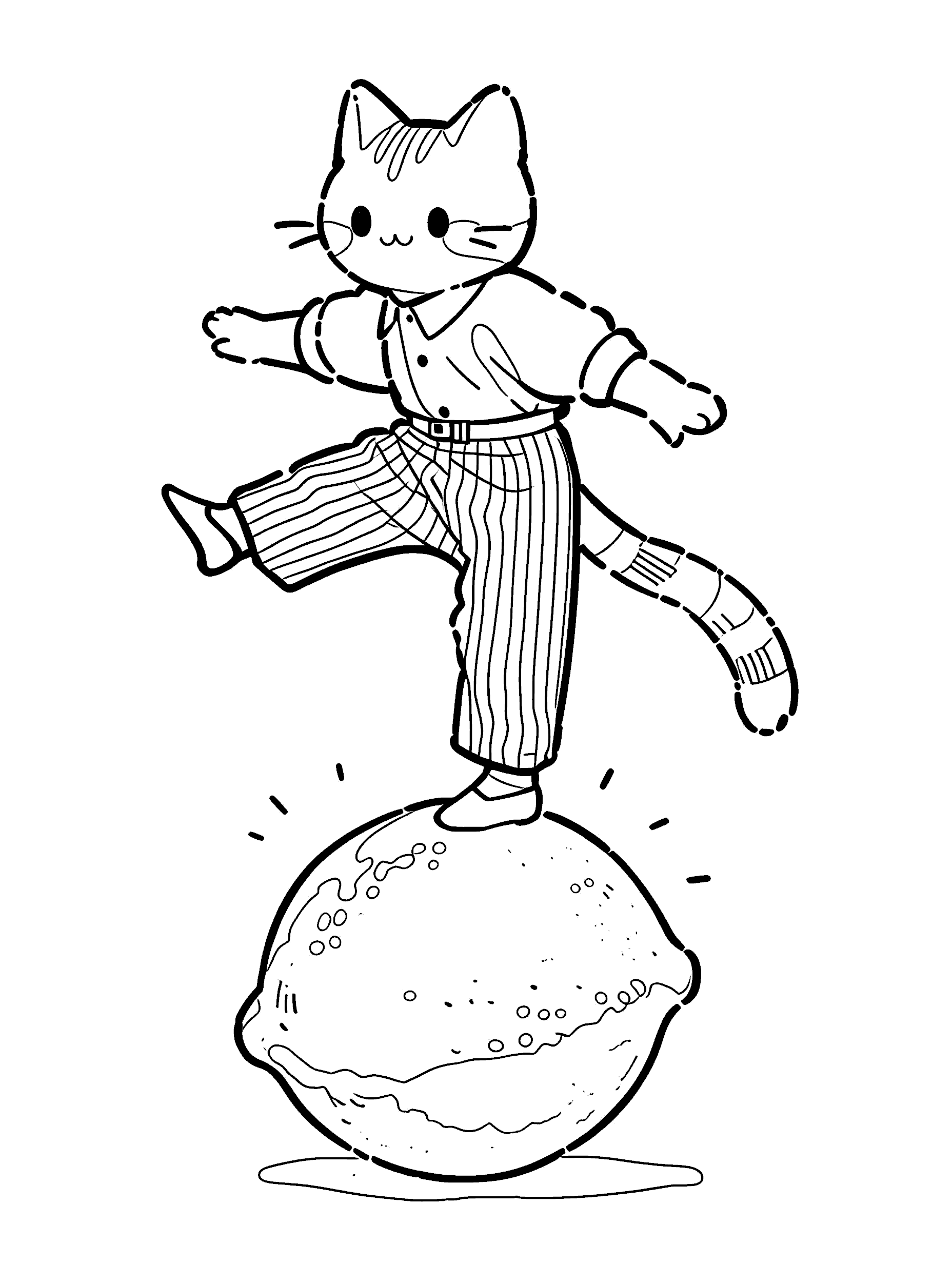 cute cat balancing on lemon line art for kids fun dressed animal sheet