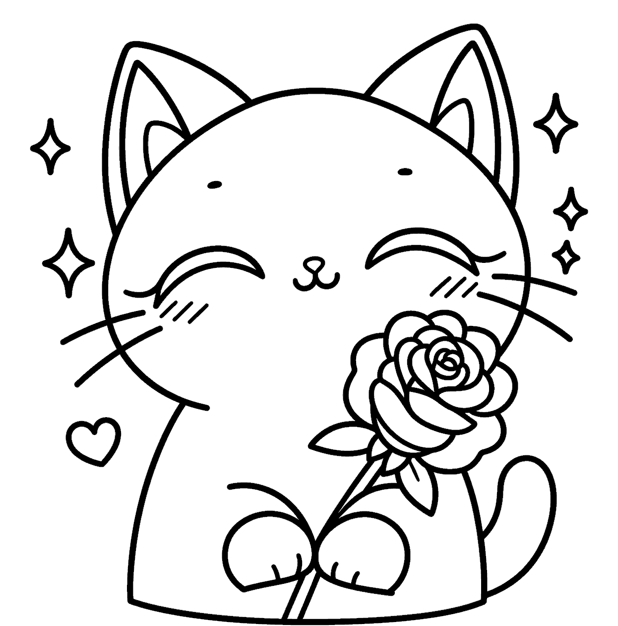 cute cat holding a rose line art for kids happy animals sheet