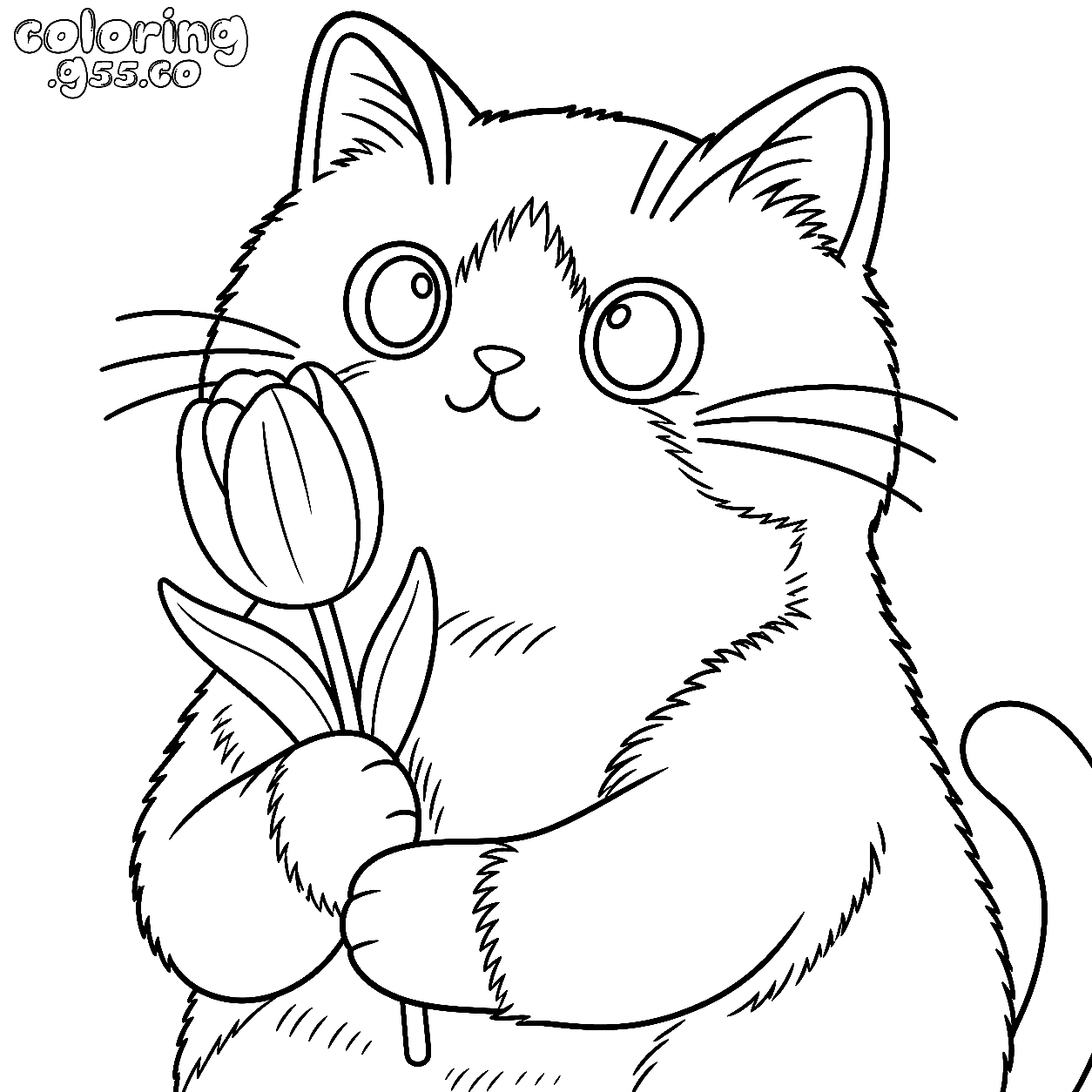 cute cat holding a tulip flower line art for kids spring kitty animals sheet