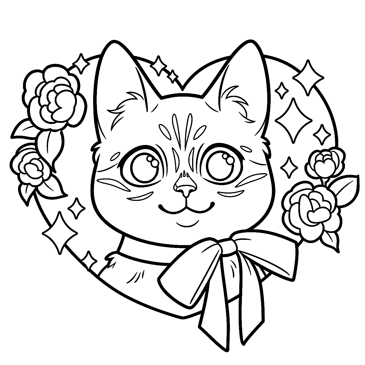 cute cat with roses and heart line art for kids lovely floral animals sheet