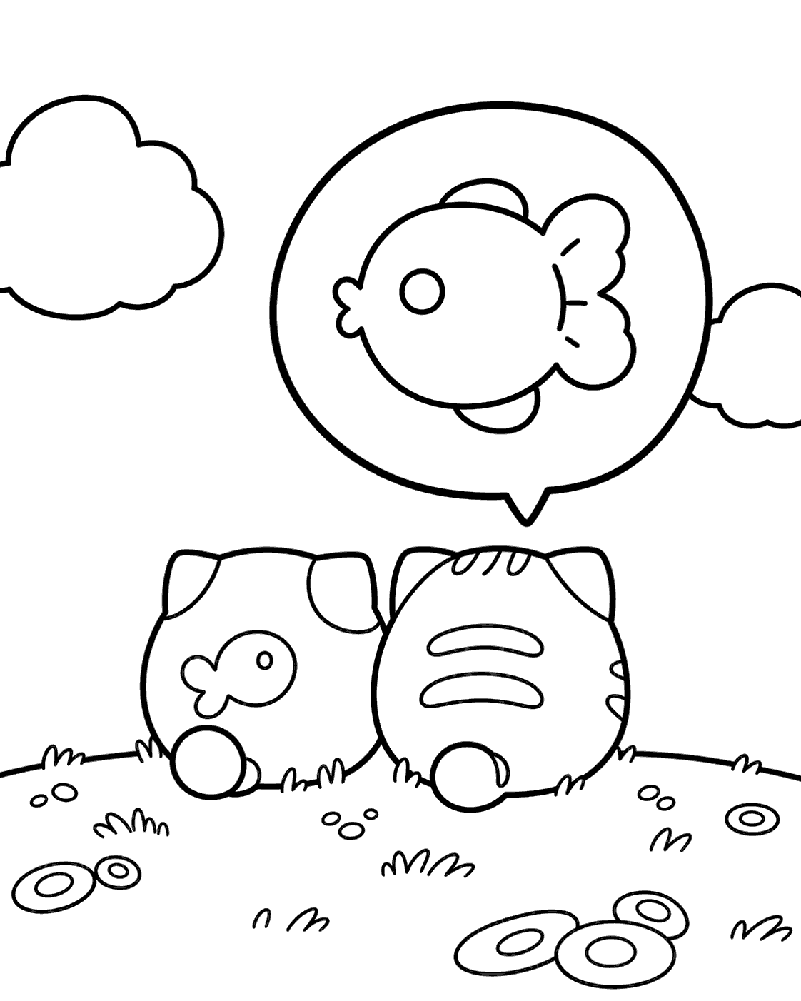cute cats dreaming of fish line art for kids kittens from behind sheet