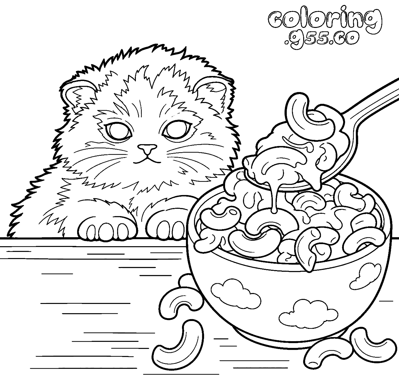 cute kitten macaroni and cheese line art for kids funny food animals sheet
