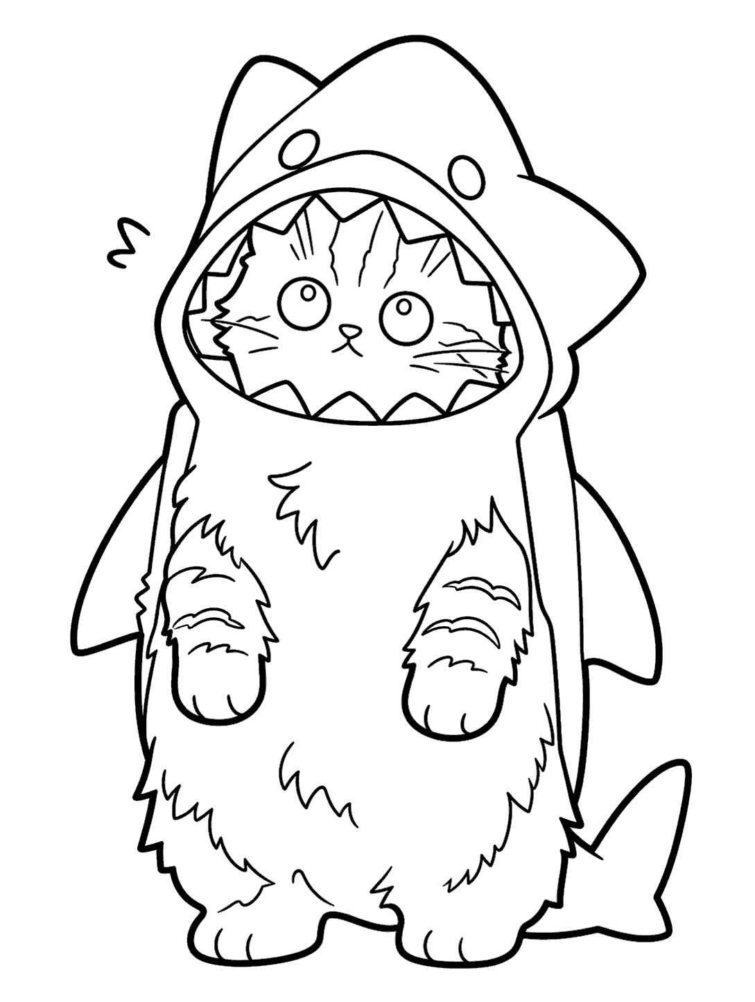fluffy cat in shark costume line art for kids funny animals sheet