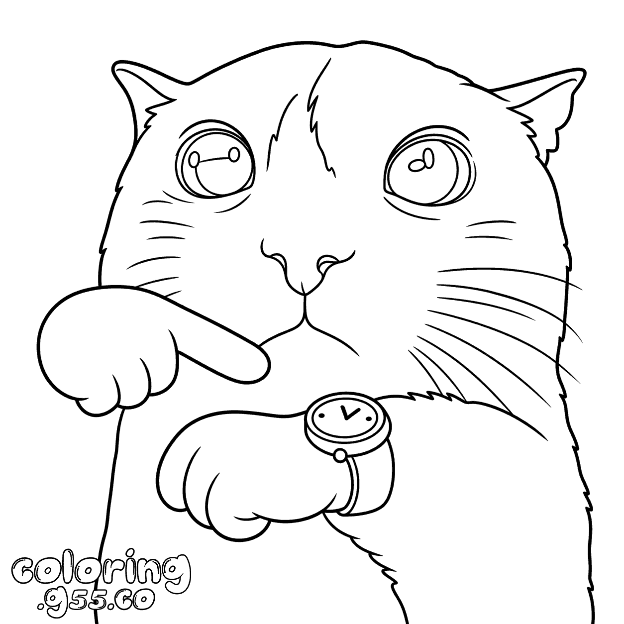 funny cat checking watch line art for kids
