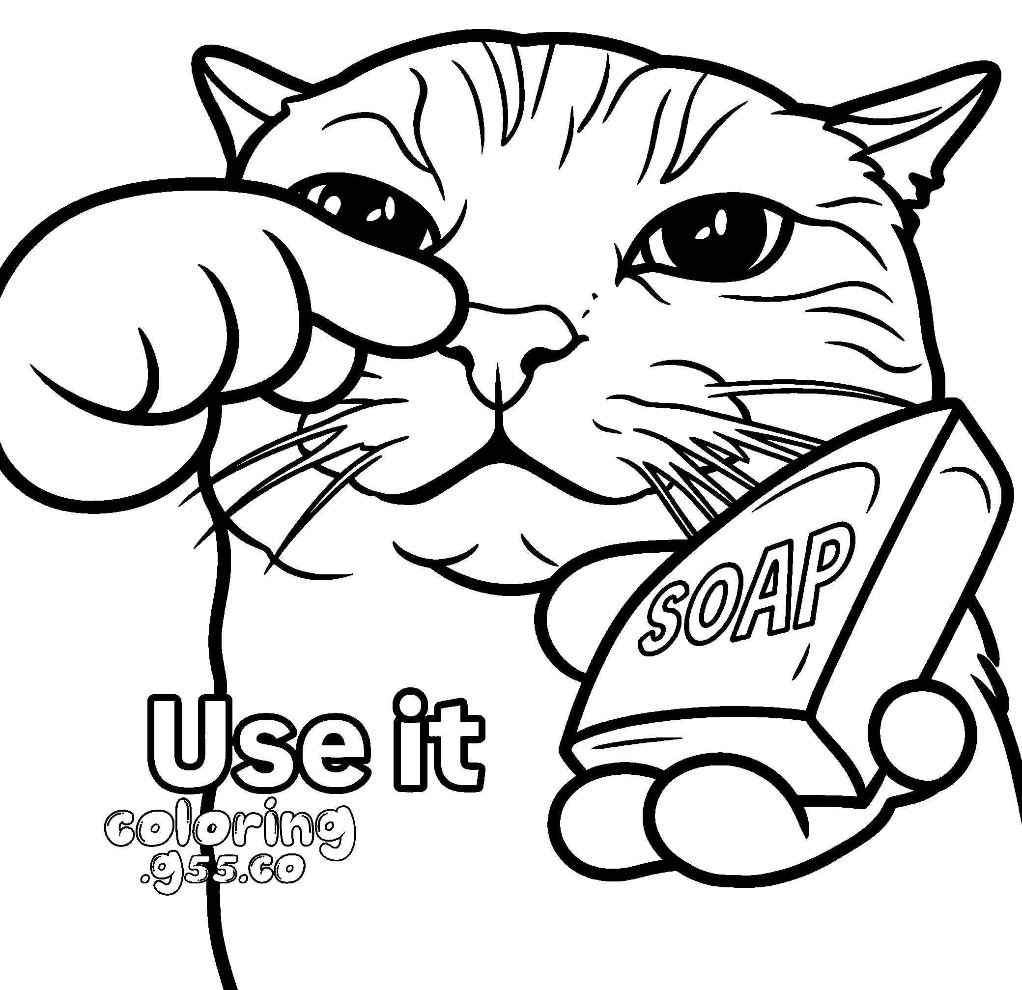 funny cat holding soap line art for kids