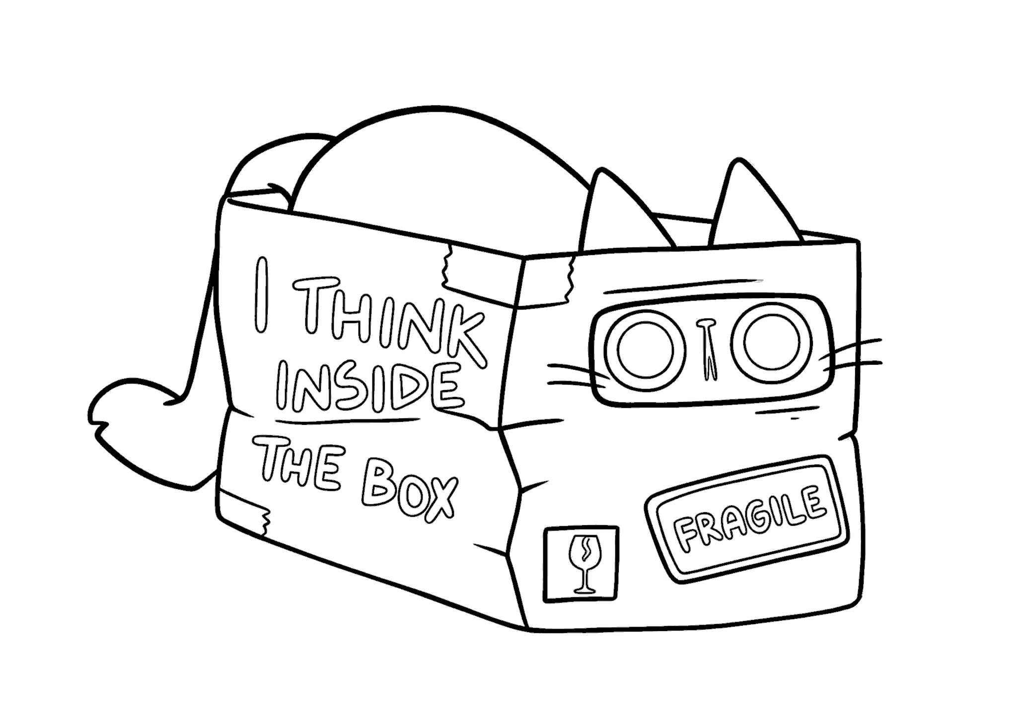 funny cat thinking inside the box line art for kids meme animals sheet